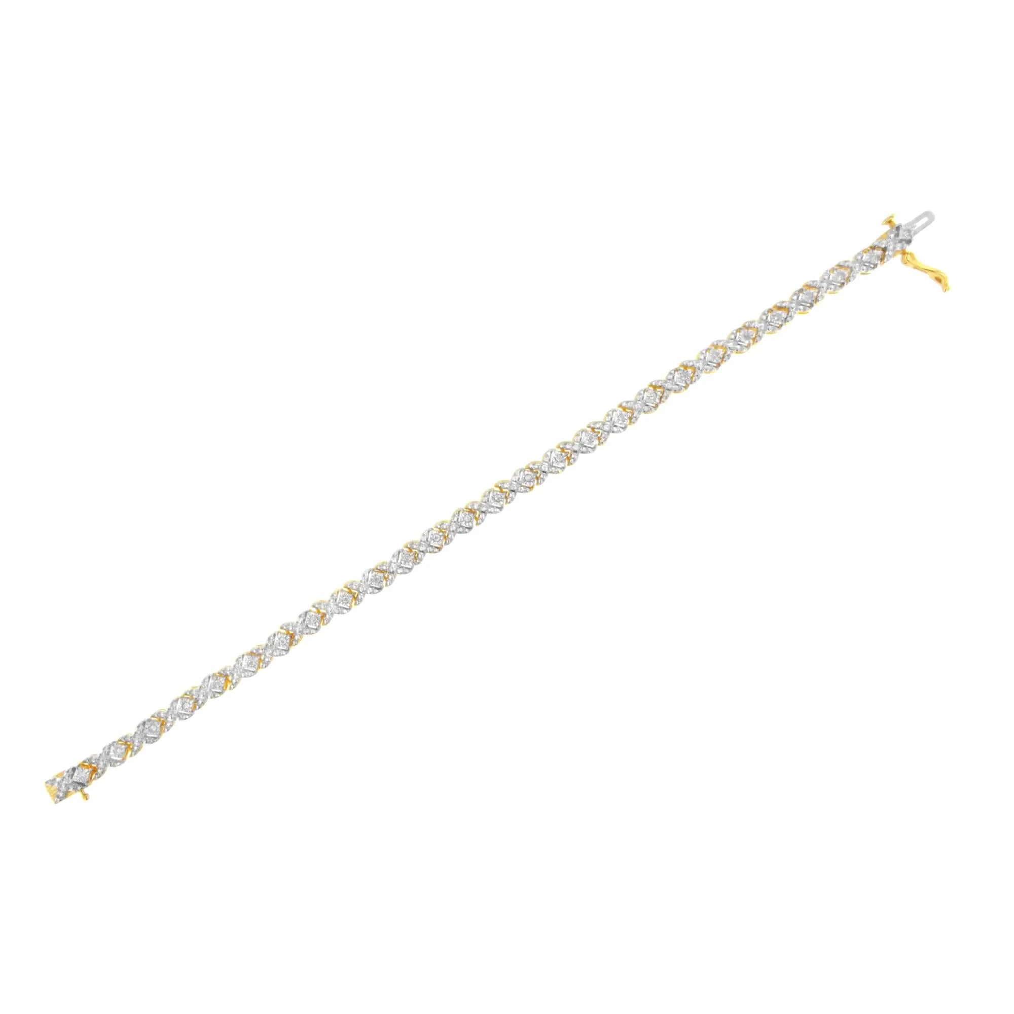 10K Yellow Gold Plated .925 Sterling Silver 1/4 cttw Diamond Alternating "X" and Bezel Link Bracelet (I-J Color, I2-I3 Clarity) - Size 7.25 " - Evallys.com # #