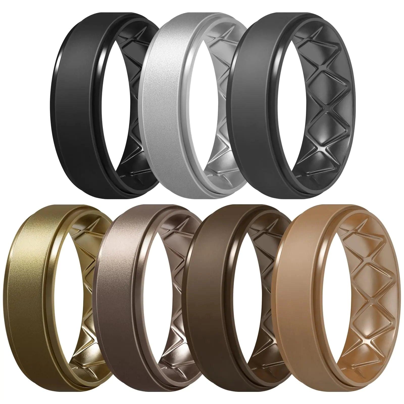 Egnaro Inner Arc Ergonomic Breathable Design, Silicone Rings Mens with Half Sizes, 7 Rings / 4 Rings / 1 Ring Rubber Wedding Bands, 8.5mm Wide-2mm Thick T17-Black, Metallic Silver, Black Gray, Bronze, Champagne Gold, Dark Brown, Light Brown - Evallys.com # #