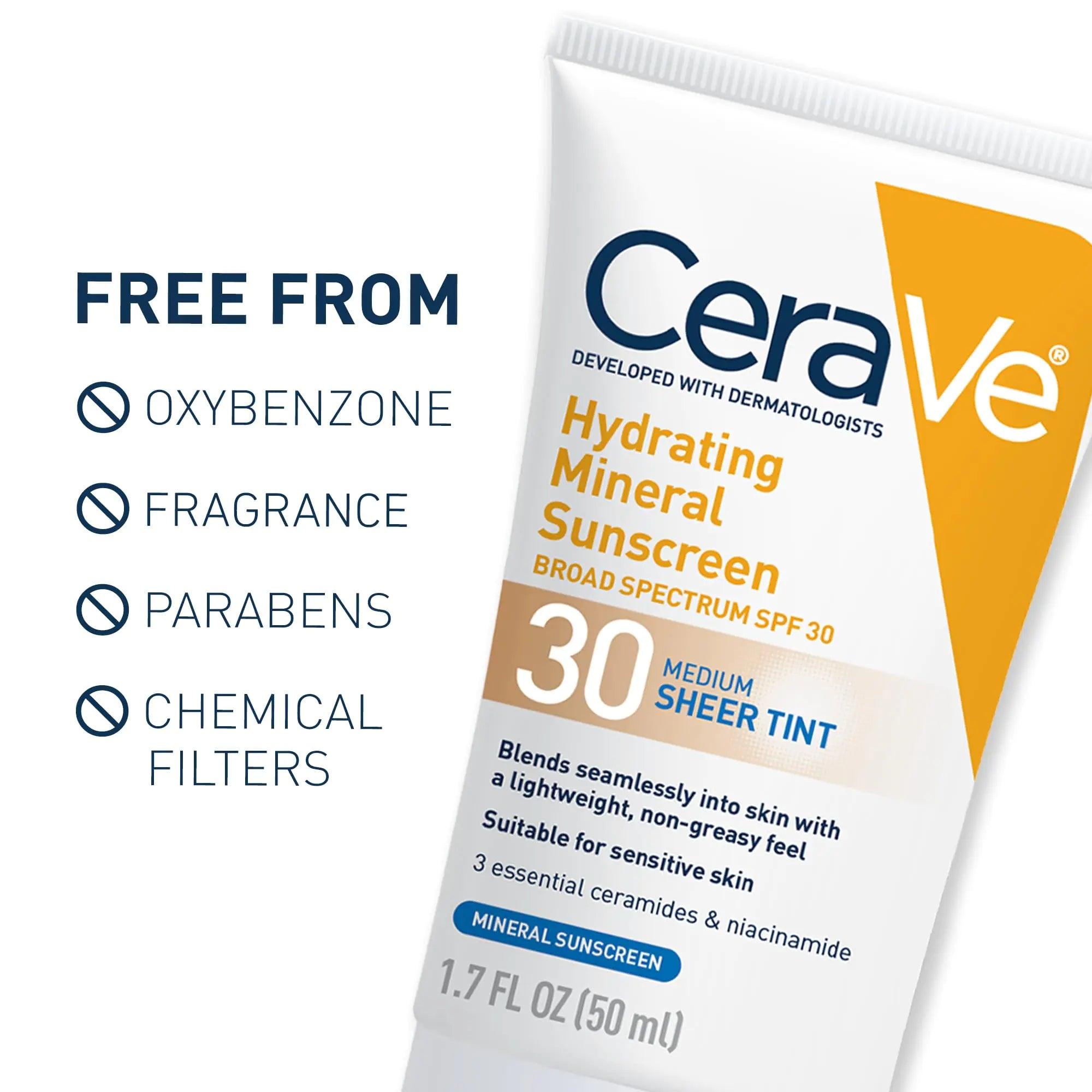 CeraVe Hydrating Mineral Sunscreen SPF 30 with Sheer Tint | Tinted Mineral Sunscreen with Zinc Oxide & Titanium Dioxide | Blends Seamlessly For Healthy Glow | Medium, 1.7 Fluid Ounce Fragrance Free - Evallys.com # #