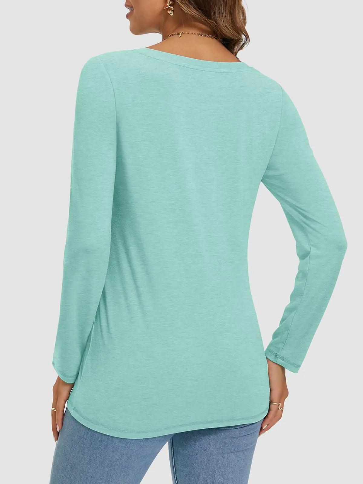 ATHMILE Womens Long Sleeve Round Neck Shirts Basic Tee Casual Top Fall Trendy Tunic Outfits Fitted T Shirts X-Large Lake Green - Evallys.com # #