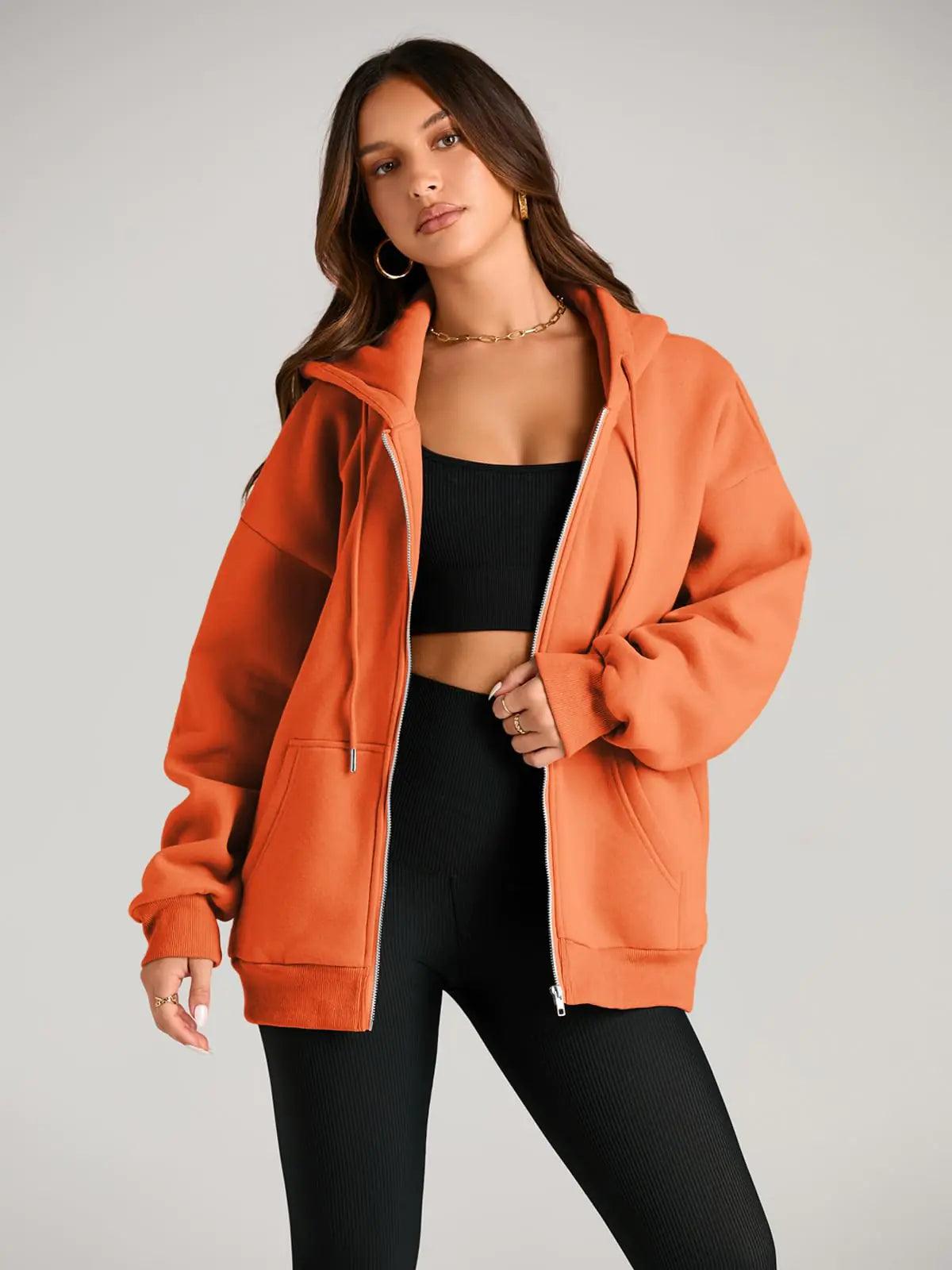 EFAN Women's Drawstring Zip Up Cute Hoodies Fall Jacket Oversized Casual Sweatshirts with Pocket X-Small Orange - Evallys.com # #