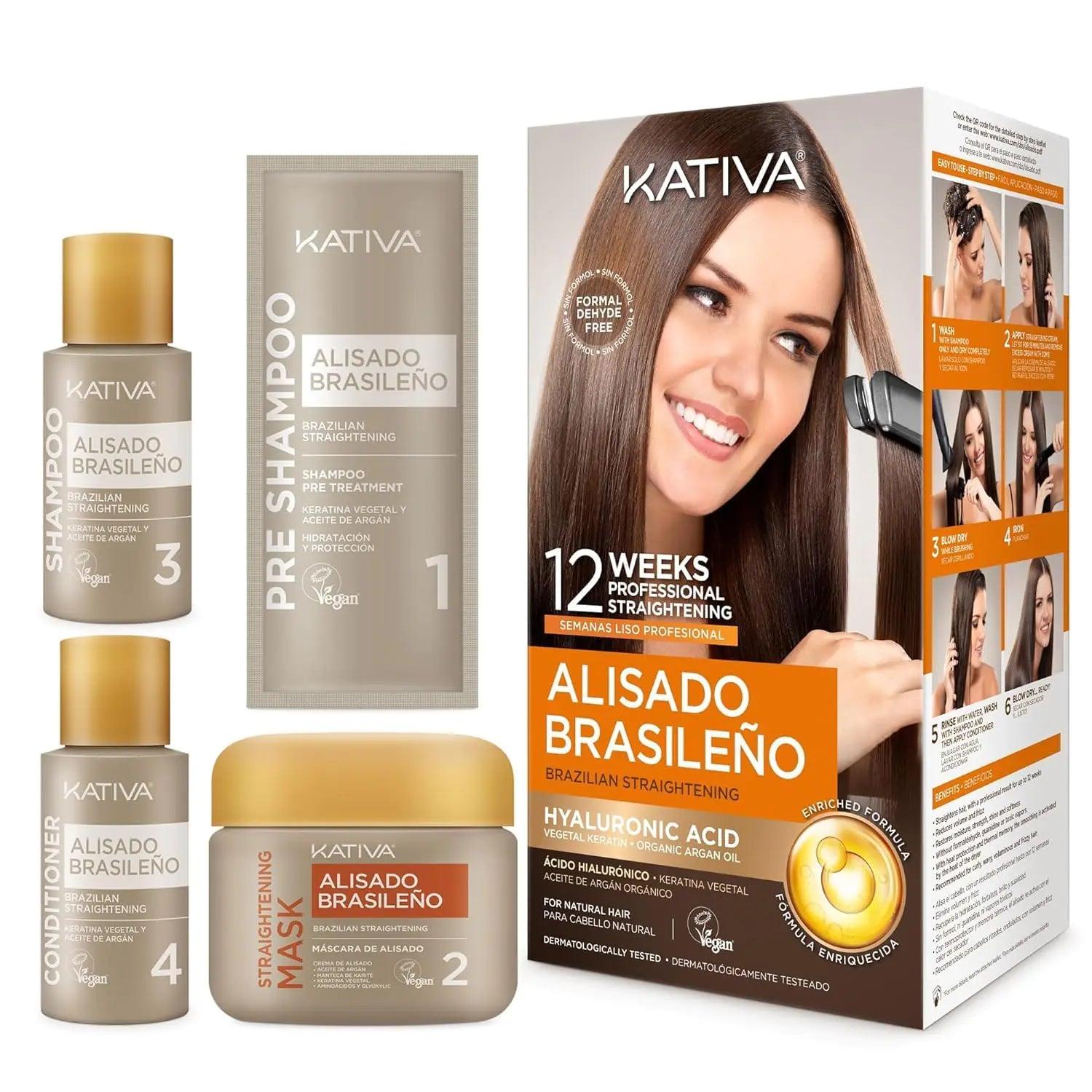 Kativa Brazilian Straightening Kit, 12 Weeks of Home Use Professional Straightening, with Organic Argan Oil, Shea Butter, Keratin & Amino Acids, for Straighter, Softer and Shinier Hair, All Hair Types - Evallys.com # #