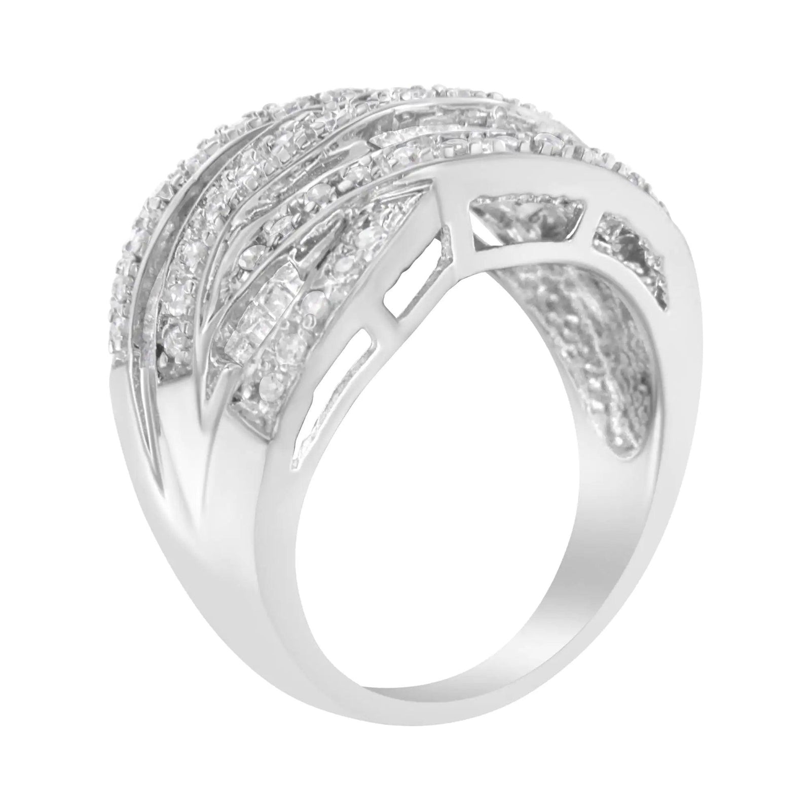 .925 Sterling Silver 1.0 Cttw Channel Set Alternating Round and Baguette Diamond Cross-over Bypass Ring Band (I-J Color, I2-I3 Clarity) - Evallys.com # #