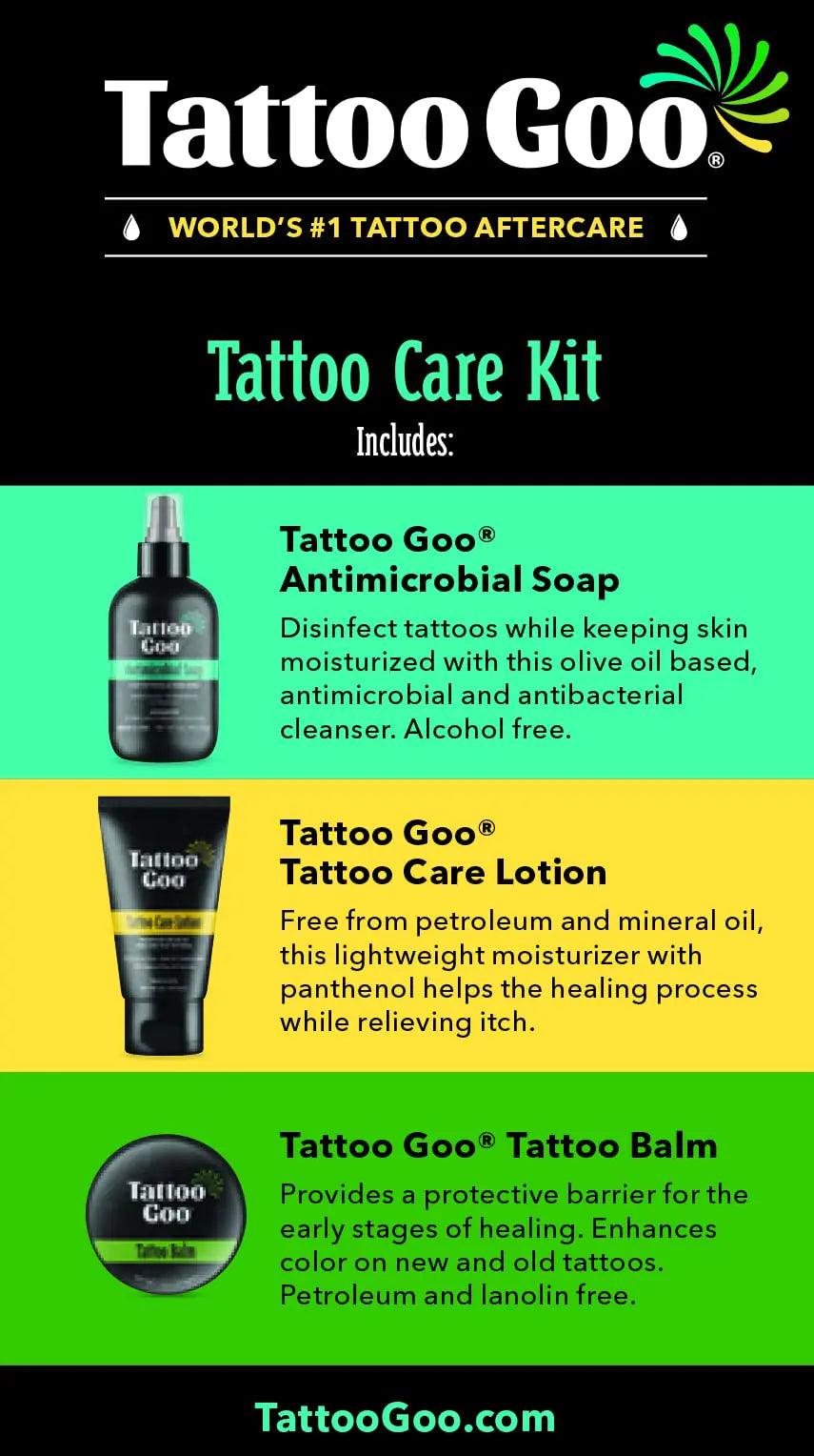 Tattoo Goo Aftercare Kit Includes Antimicrobial Soap, Balm, and Lotion, Tattoo Care for Color Enhancement + Quick Healing - Vegan, Cruelty-Free, Petroleum-Free (3 Piece Set) - Evallys.com # #