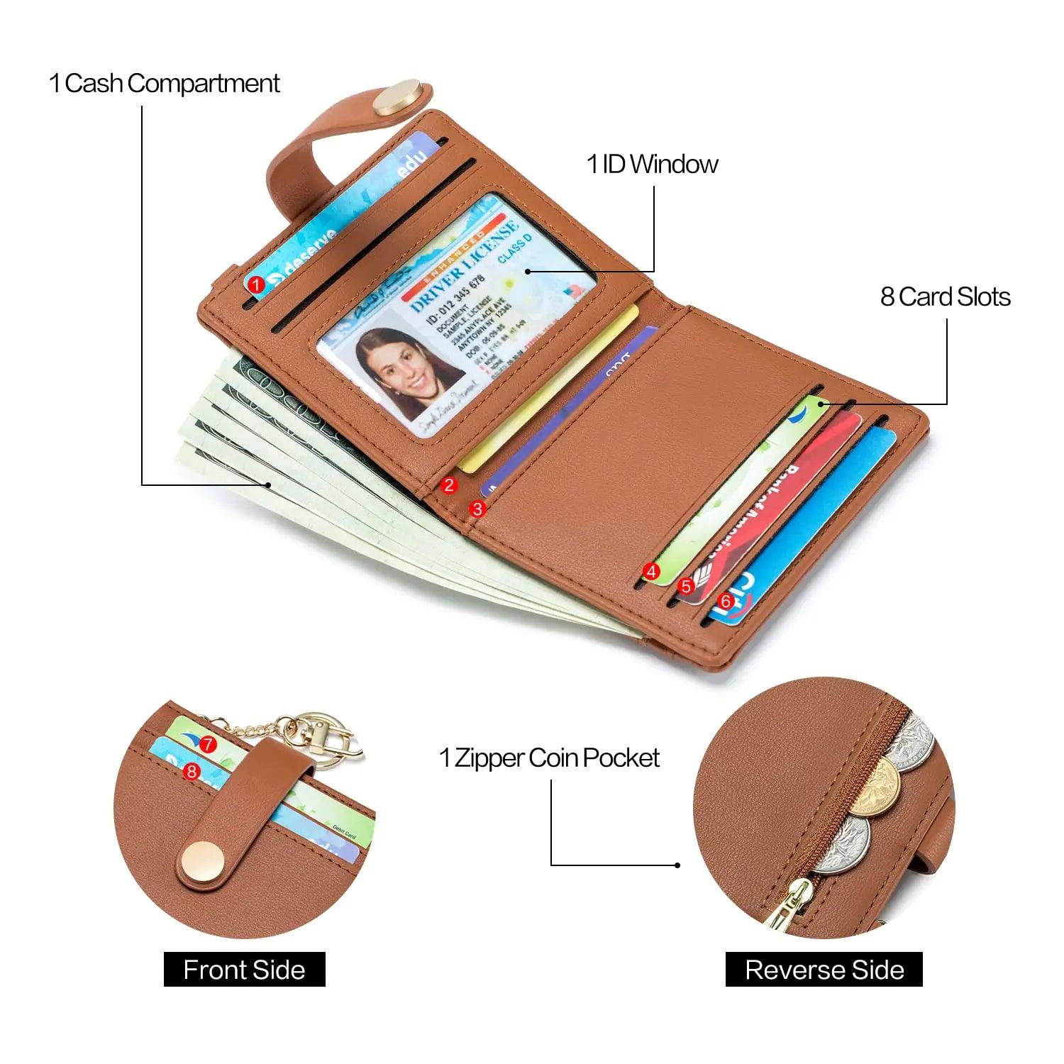 POIUGOYA Slim Wallet for Women,RFID Blocking Bifold Credit Card Holder with Zipper Coin Pocket,ID Window,Keychain 2A-PU Leather-Brown - Evallys.com # #