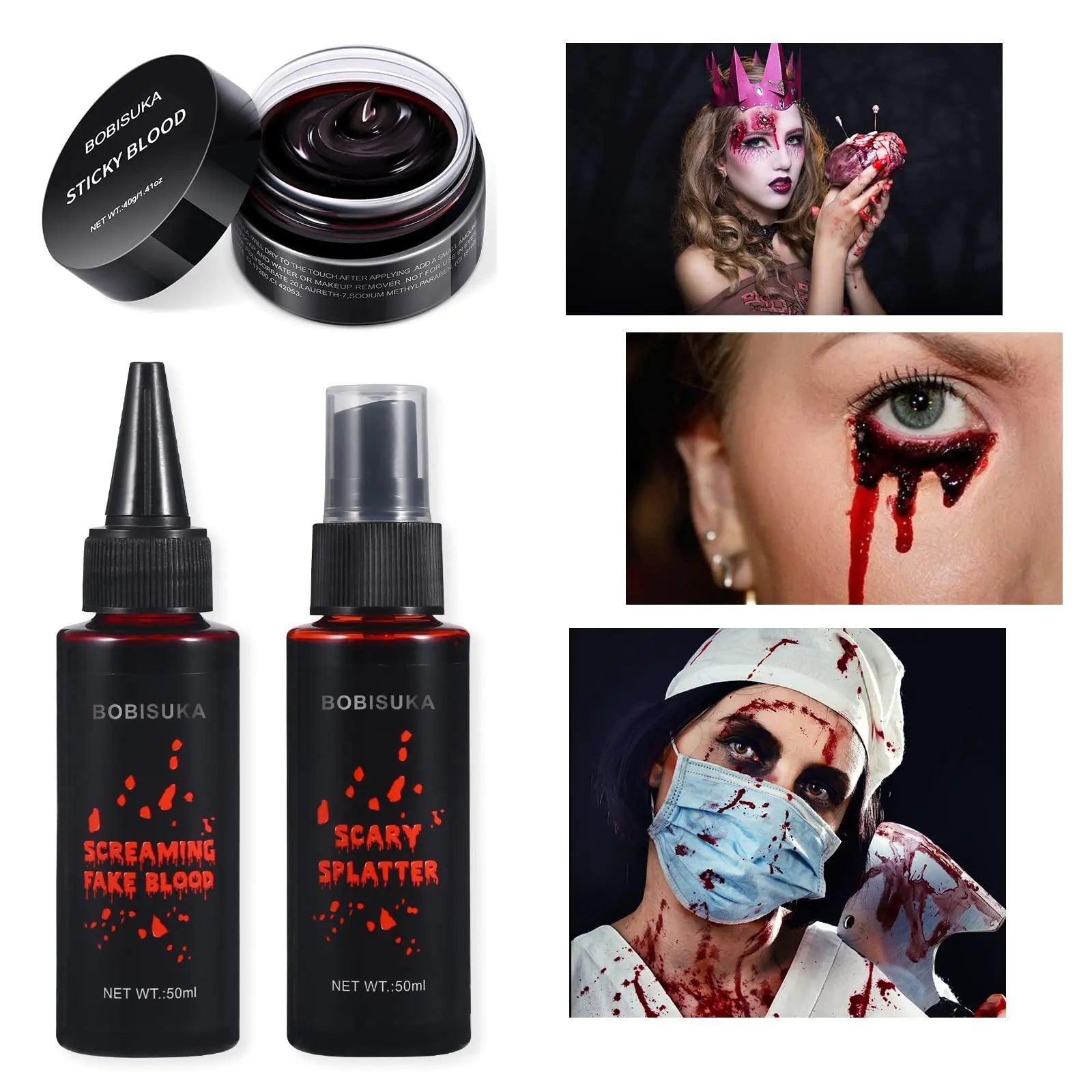 BOBISUKA 3PCS Halloween Fake Blood Makeup Kit - Coagulated Blood 1.41oz + Fake Blood Spray 1.76oz + Dripping Blood 1.76oz, Realistic Washable Special Effects SFX Makeup Set, for Zombie Vampire Monster - Evallys.com # #