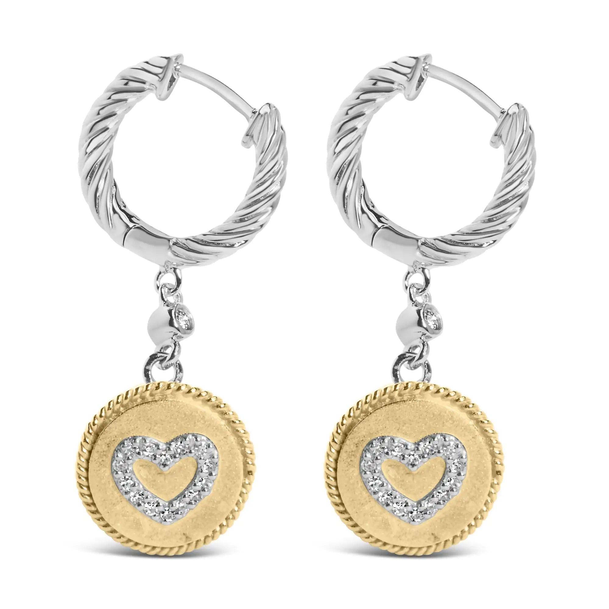 18K Yellow Gold Plated .925 Sterling Silver 1/8 Cttw Diamond Heart Medallion Drop and Dangle Earring (I-J Color, SI1-SI2 Clarity) - Evallys.com # #