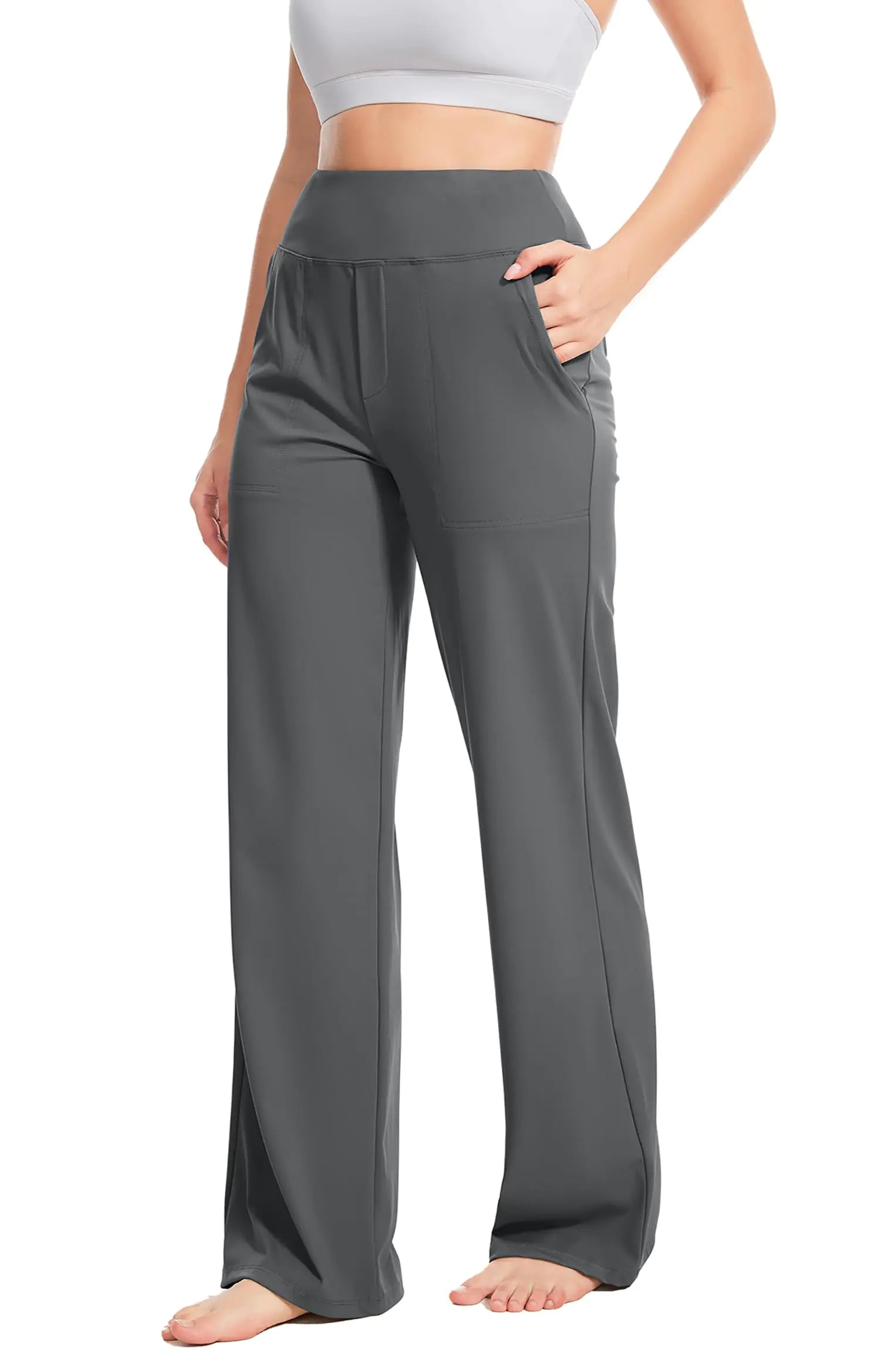 Yoga Pants Women Wide Leg Pants High Waist Stretch Dress Casual Sweatpants Lounge Pants with Pockets 31" Inseam X-Large Gray - Evallys.com # #