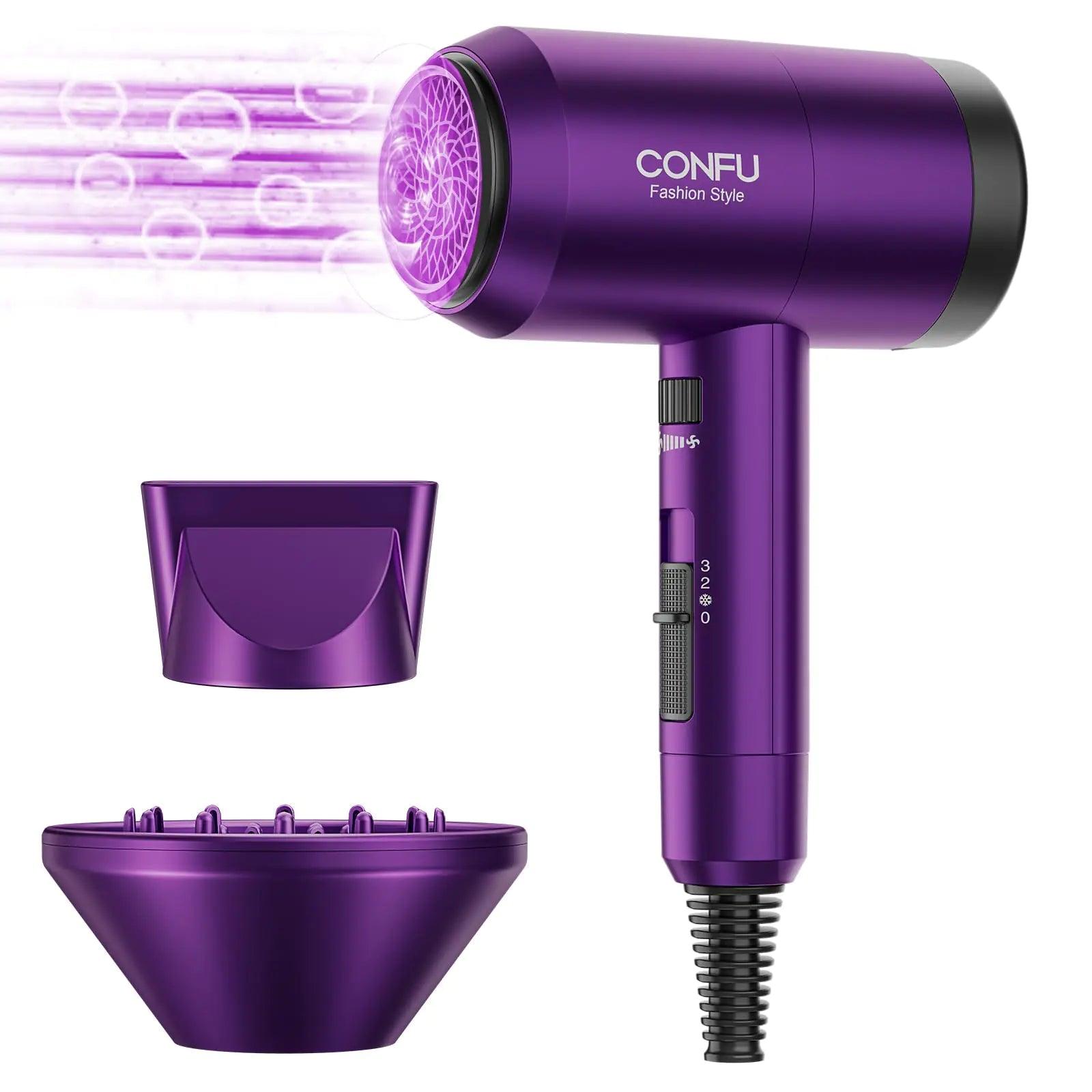 Hair Dryer with Diffuser,CONFU Ionic Blow Dryer 1600W,Portable Lightweight Fast Drying Negative Ion Hairdryer,3 Heat Settings with Diffuser and Concentrator Nozzle for Home & Travel Purple - Evallys.com # #