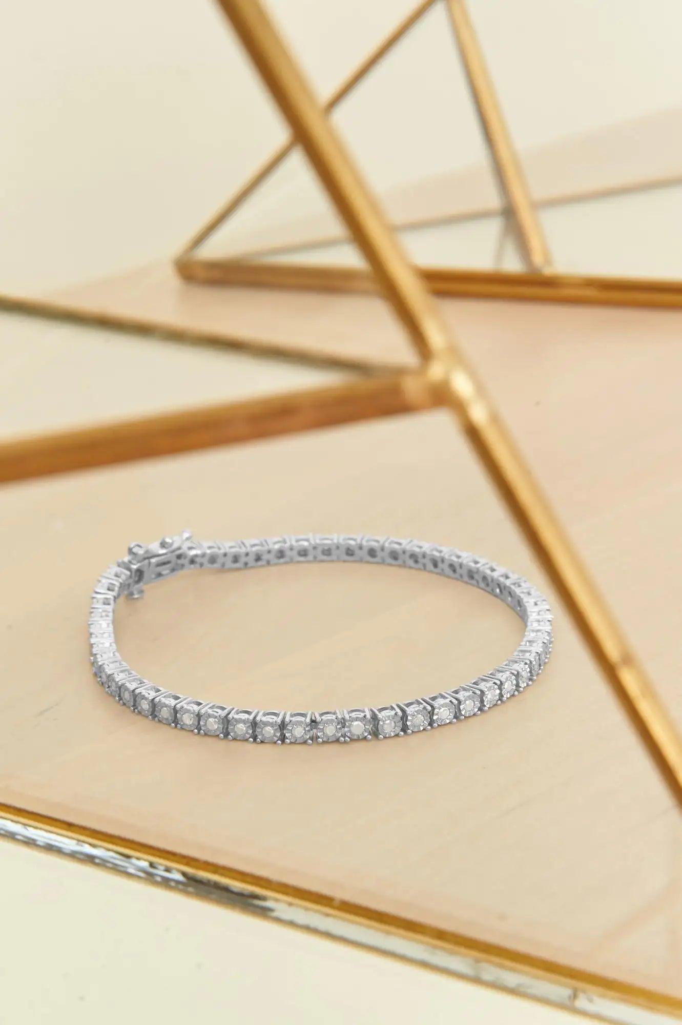 .925 Sterling Silver 1.0 Cttw Miracle-Set Diamond Round Faceted Bezel Tennis Bracelet (I-J Color, I3 Clarity) - Evallys.com