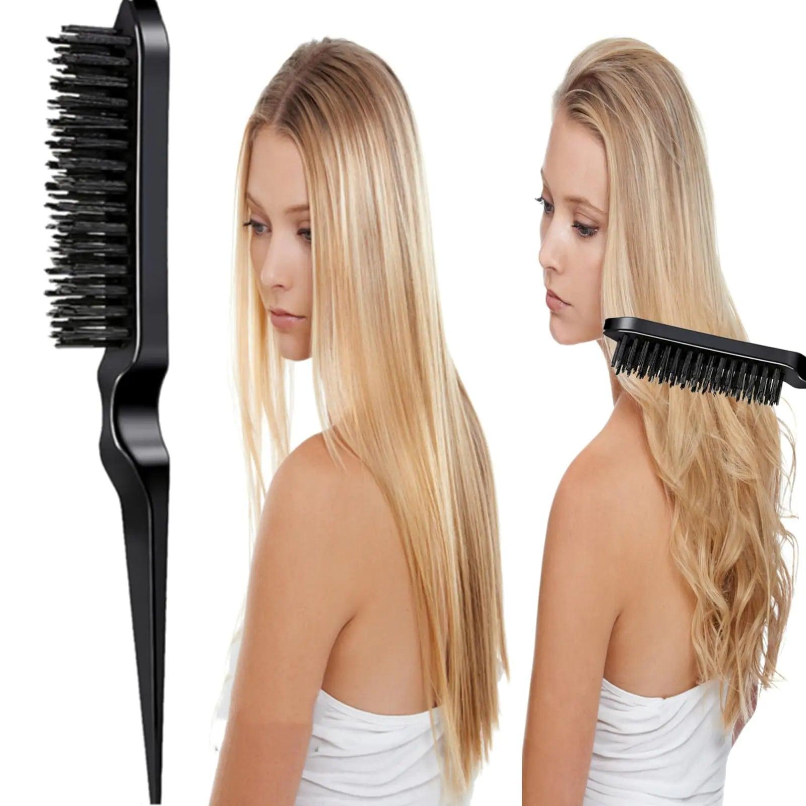 8Pcs Black Hair Brushes Set with 4Pcs Topsy Tail Tools, Teasing Bristle Brush, Edge Control Brush, and 2Pcs Metal Pin Rat Tail Combs for Women's Hair Styling and Brushing - Evallys.com # #