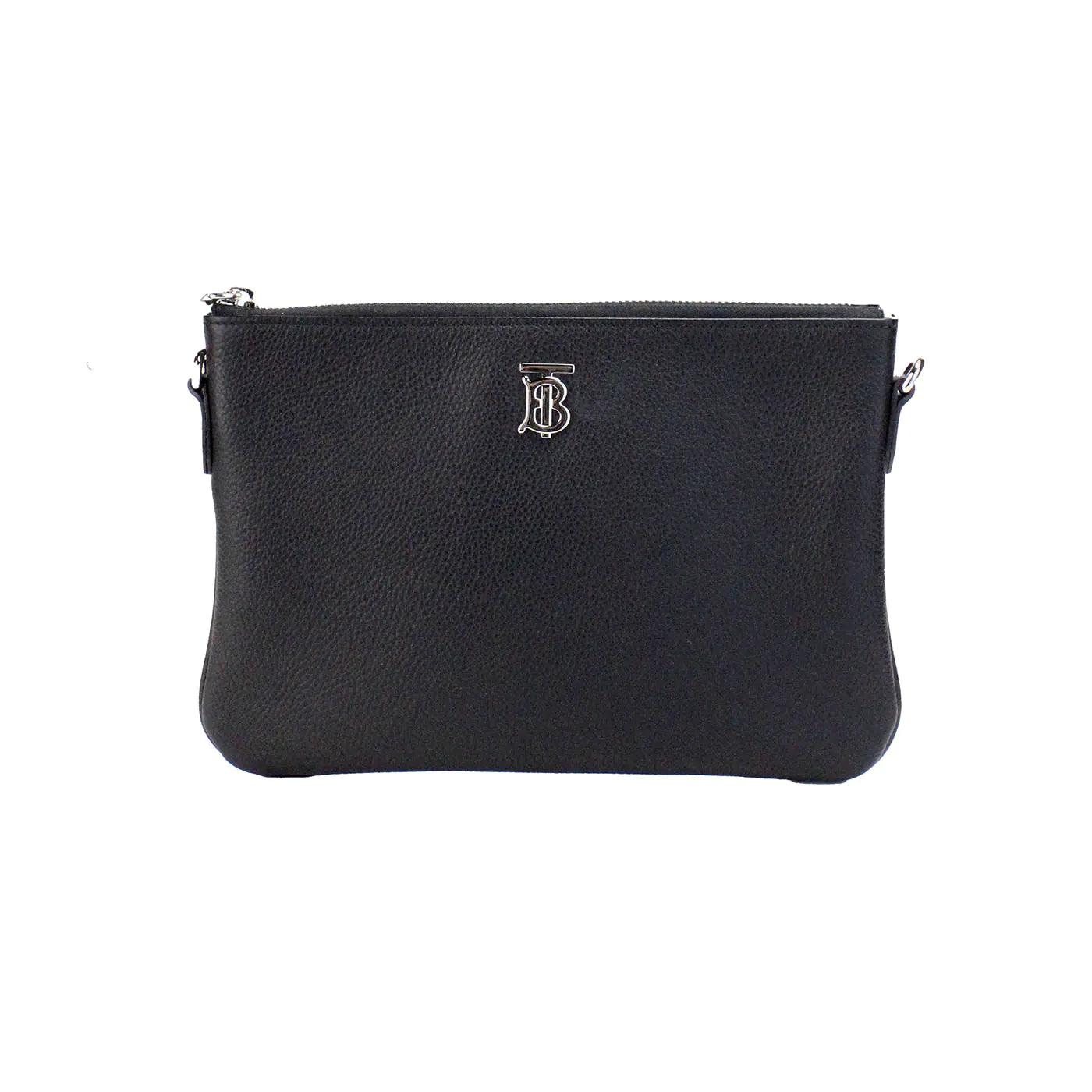 Burberry Peyton Monogram Black Grainy Leather Pouch Crossbody Bag - Evallys.com # #