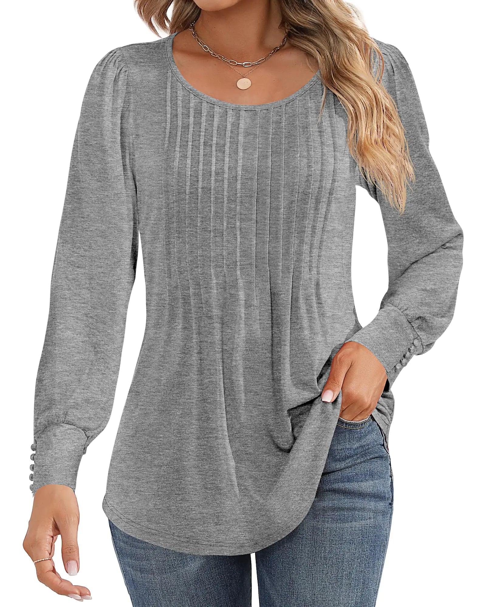 Ficerd Women's Puff Long Sleeve Tunic Tops Pleated Crew Neck Blouses Dressy Casual Loose Fit Fall and Winter Shirts Pink Floral Large - Evallys.com
