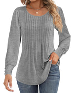 Ficerd Women's Puff Long Sleeve Tunic Tops Pleated Crew Neck Blouses Dressy Casual Loose Fit Fall and Winter Shirts Pink Floral Large - Evallys.com
