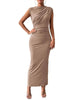 BTFBM Women's Ruched Bodycon Dress Summer Casual Sleeveless Back Slit Elegant Club Evening Party Cocktail Maxi Dresses Small Solid Khaki - Evallys.com
