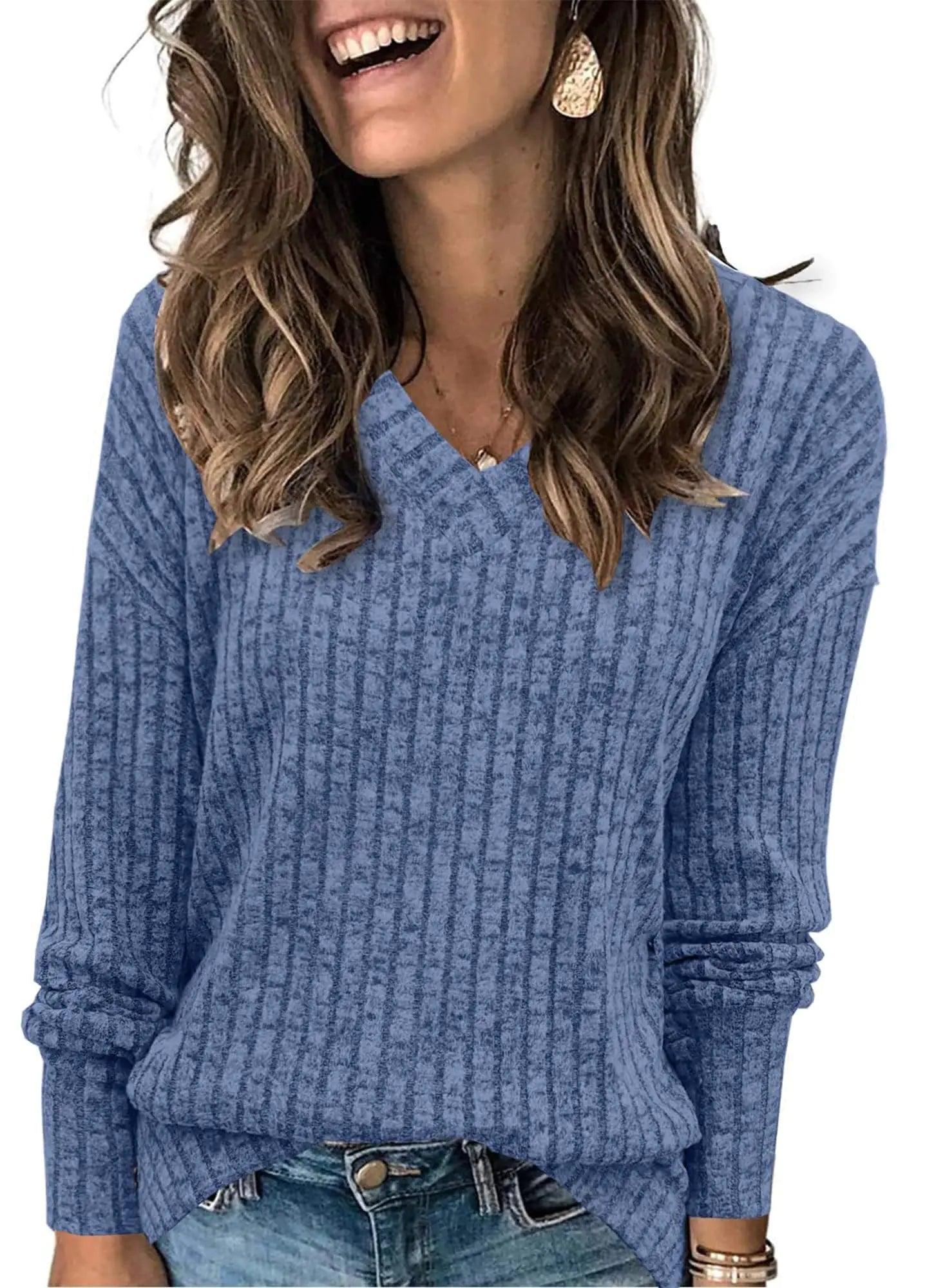 Womens V Neck Sweaters Lightweight Long Sleeve Tunic Tops Shirts Casual Sweatshirt Trendy Blue XX-Large - Evallys.com # #