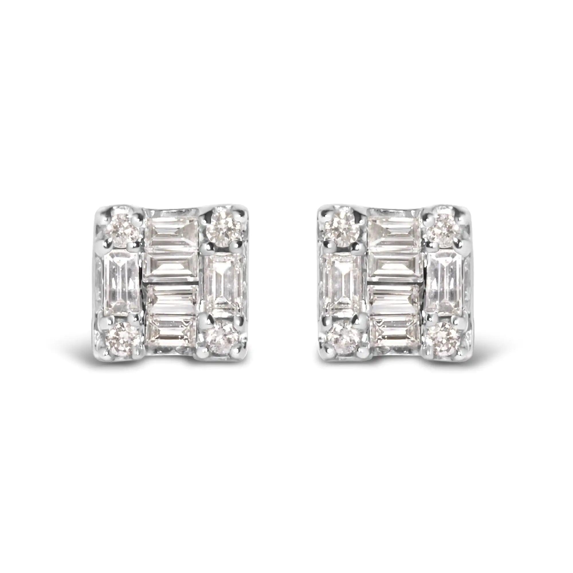 10K White Gold 1/7 Cttw Round and Baguette Diamond Mosaic Square Stud Earrings (H-I Color, I1-I2 Clarity) - Evallys.com # #