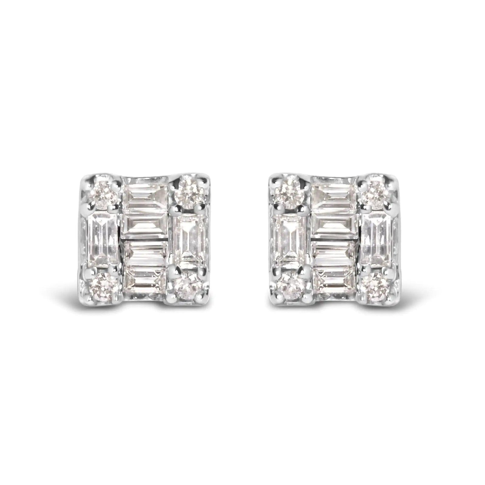 10K White Gold 1/7 Cttw Round and Baguette Diamond Mosaic Square Stud Earrings (H-I Color, I1-I2 Clarity) - Evallys.com # #