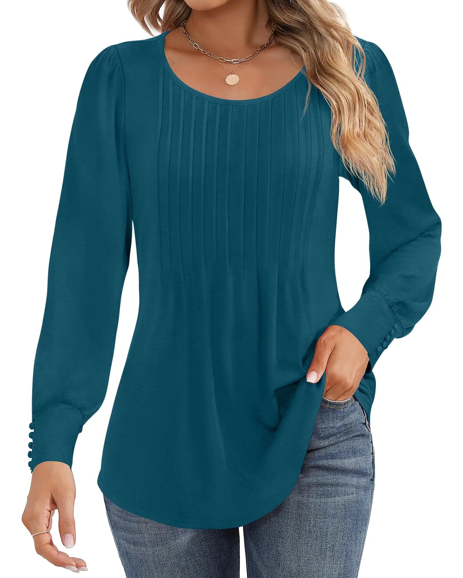 Ficerd Women's Puff Long Sleeve Tunic Tops Pleated Crew Neck Blouses Dressy Casual Loose Fit Fall and Winter Shirts Pink Floral Large - Evallys.com