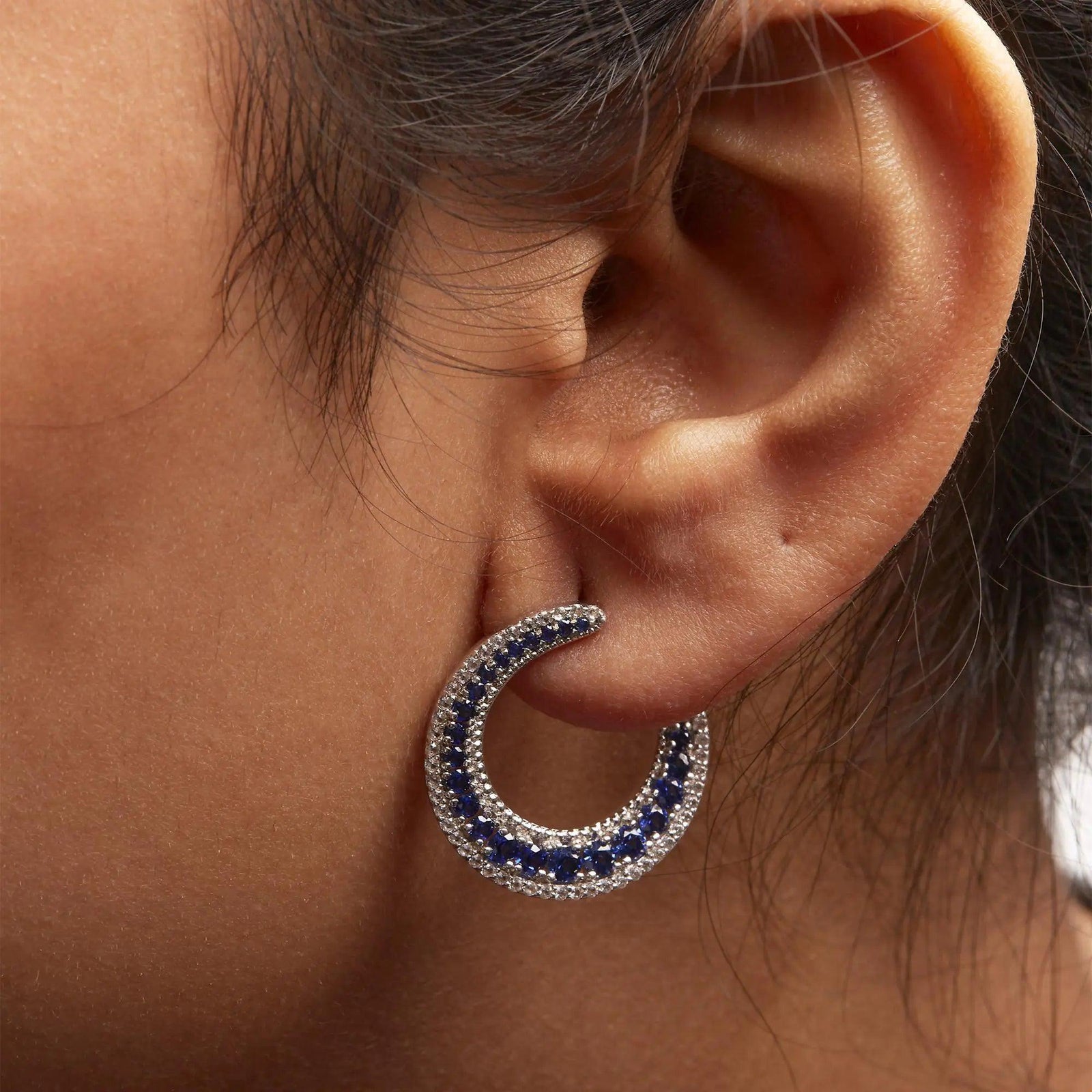 .925 Sterling Silver 2 3/4 Cttw Created Blue Sapphire Crescent Moon Disc Style Hoop Earrings - AAA Quality - Evallys.com # #