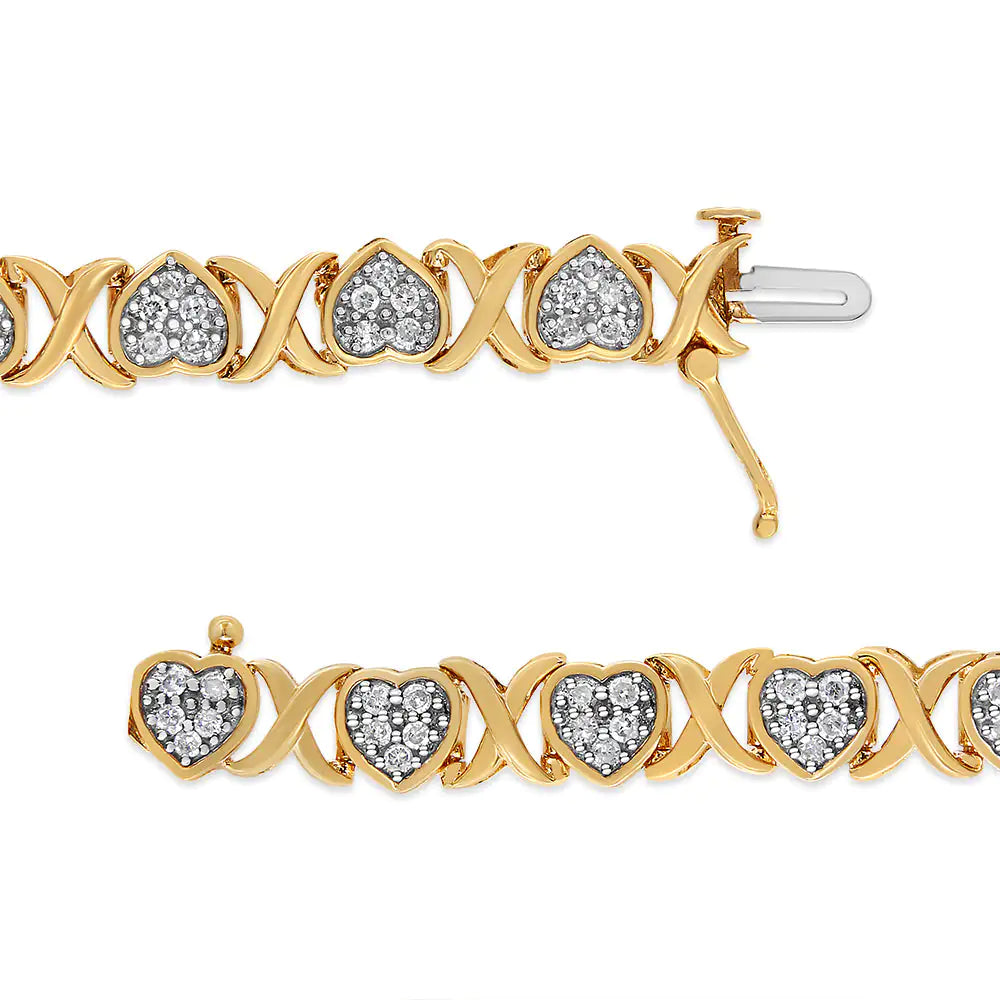 14KY Yellow Gold Plated .925 Sterling Silver 1.00 Cttw Diamond Heart and X Link Bracelet (I-J Color, I3 Clarity) - 7.25" Inches - Evallys.com # #