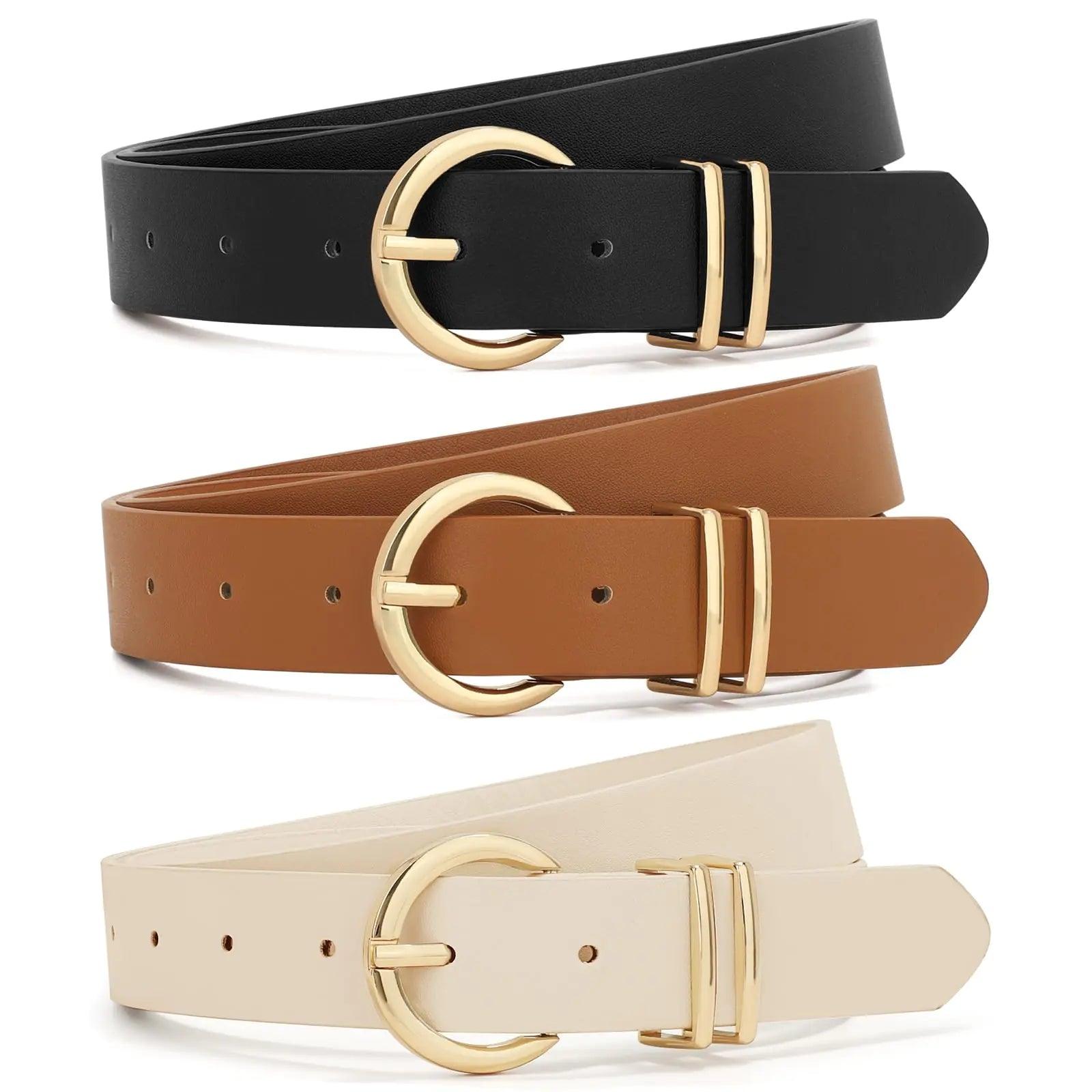 XZQTIVE 3 Pack Women Belts For Jeans Dresses Pants Ladies Leather Waist Belt with Gold Buckle 00 Black+brown+beige Fit Pant 25-30in - Evallys.com # #