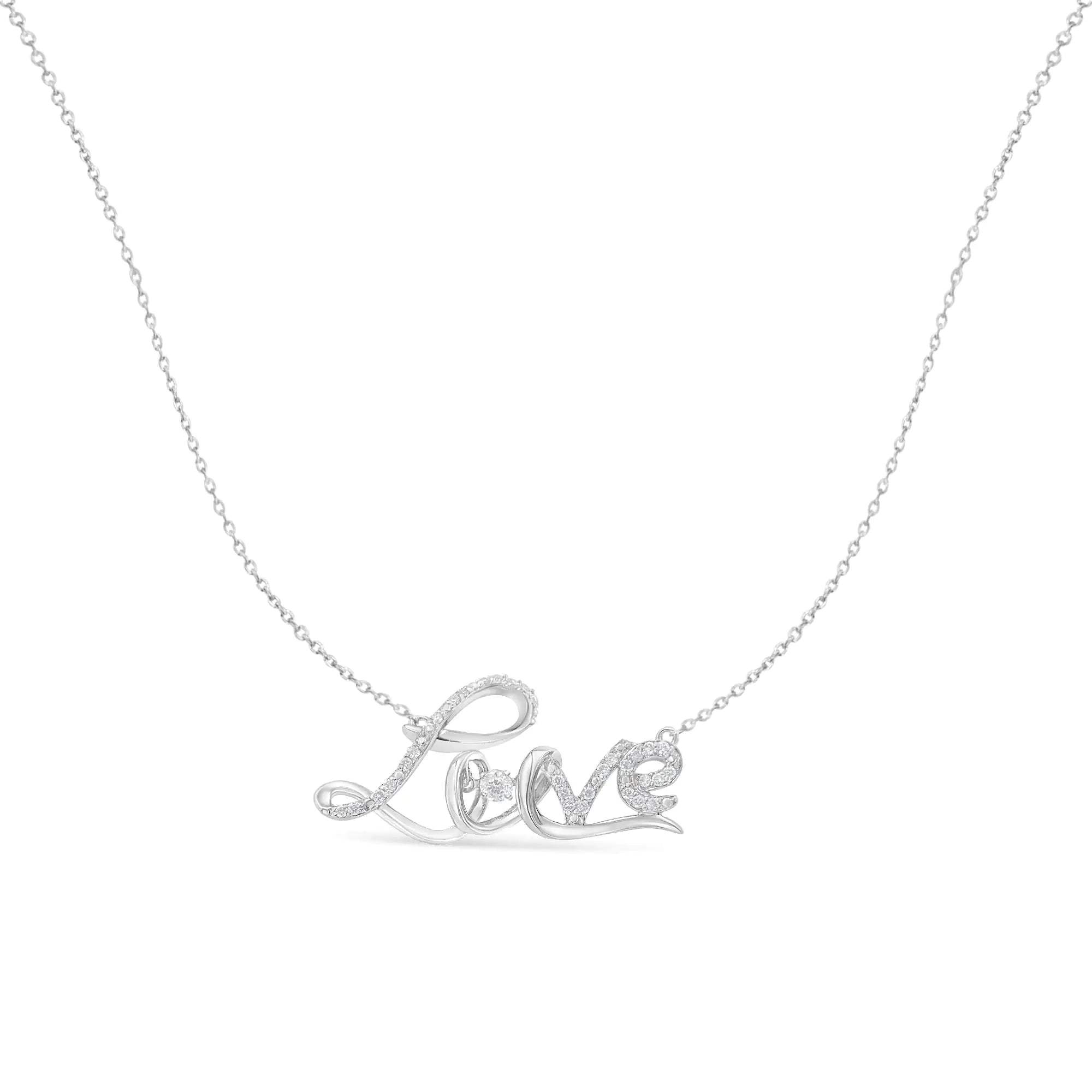 .925 Sterling Silver 1/4 Cttw Diamond Cursive "Love" 18" Pendant Necklace (H-I Color, I1-I2 Clarity) - Evallys.com # #