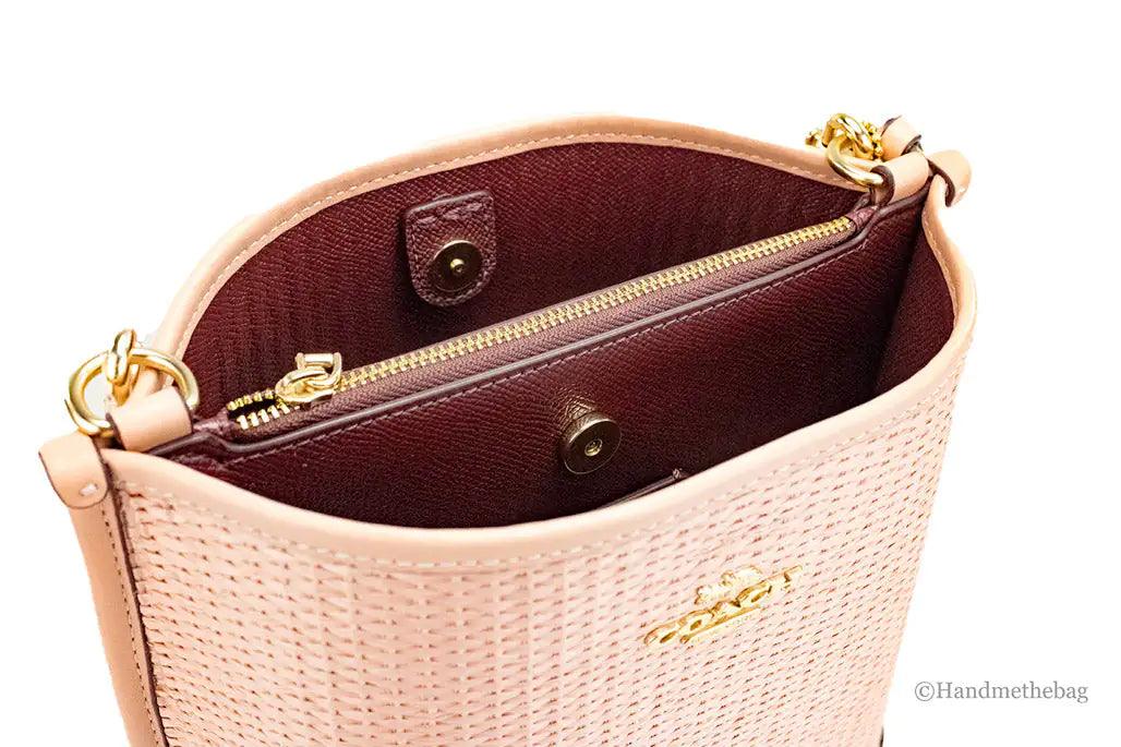 Coach Mollie 22 Shell Pink Straw Leather Bucket Crossbody - Evallys.com # #