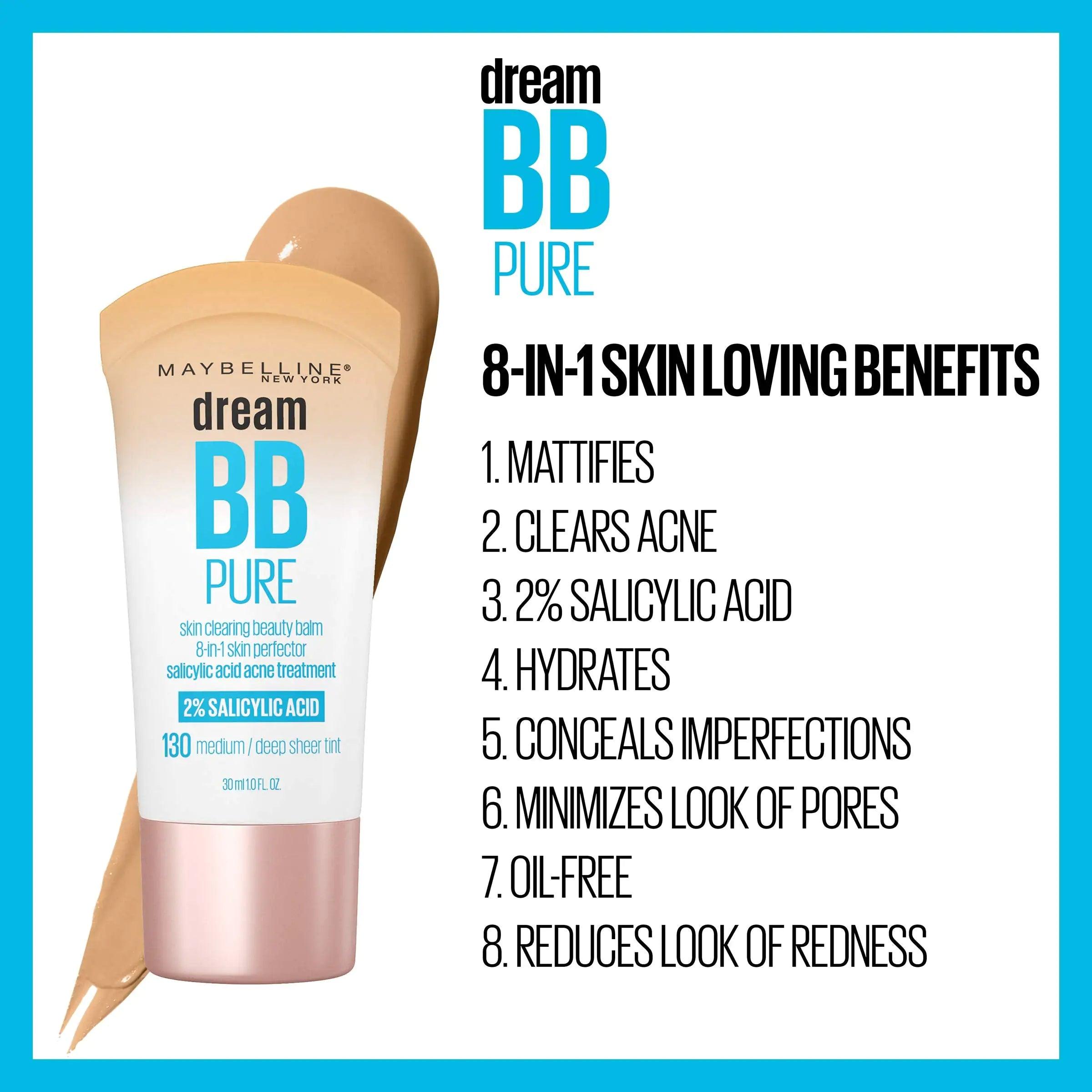 Maybelline Dream Pure Skin Clearing BB Cream, 8-in-1 Skin Perfecting Beauty Balm With 2% Salicylic Acid, Sheer Tint Coverage, Oil-Free, Light, 1 Count 1 Fl Oz (Pack of 1) 100 LIGHT - Evallys.com # #