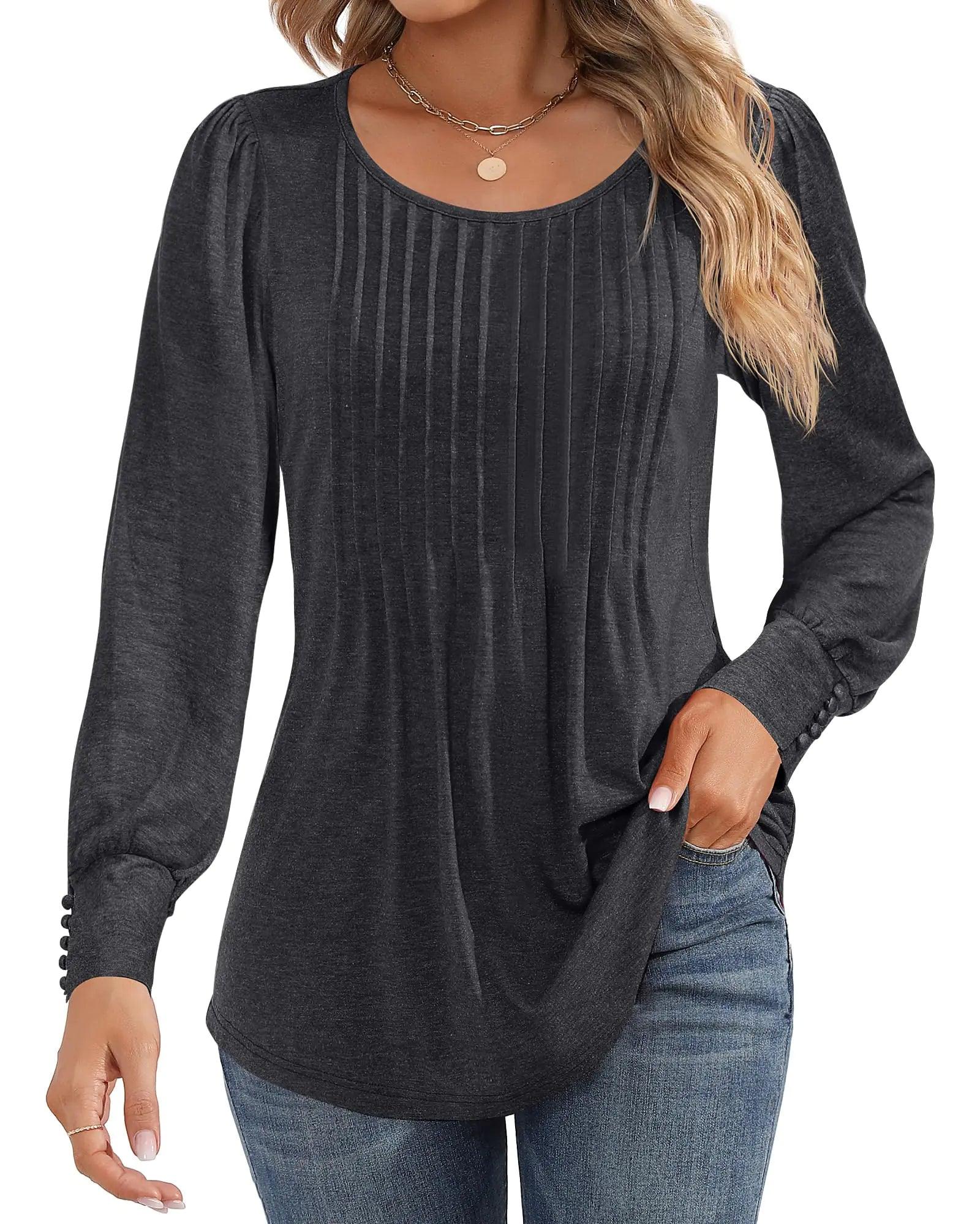 Ficerd Women's Puff Long Sleeve Tunic Tops Pleated Crew Neck Blouses Dressy Casual Loose Fit Fall and Winter Shirts Pink Floral Large - Evallys.com