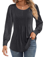 Ficerd Women's Puff Long Sleeve Tunic Tops Pleated Crew Neck Blouses Dressy Casual Loose Fit Fall and Winter Shirts Pink Floral Large - Evallys.com