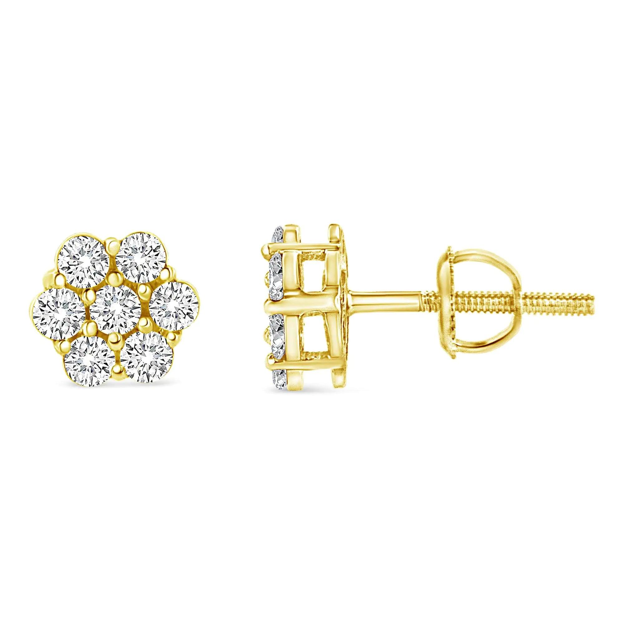 14K Yellow Gold 1/2 Cttw Round Brilliant Cut Diamond Floral Cluster Screwback Stud Earrings (I-J Color, SI2-I1 Clarity) - Evallys.com