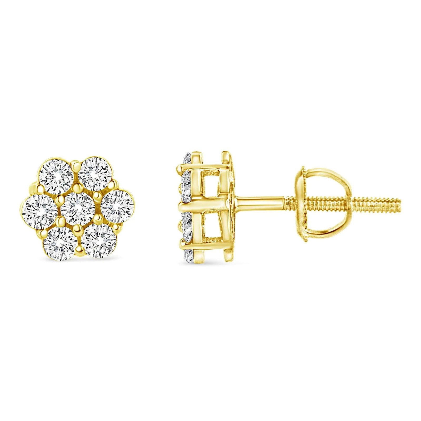 14K Yellow Gold 1/2 Cttw Round Brilliant Cut Diamond Floral Cluster Screwback Stud Earrings (I-J Color, SI2-I1 Clarity) - Evallys.com