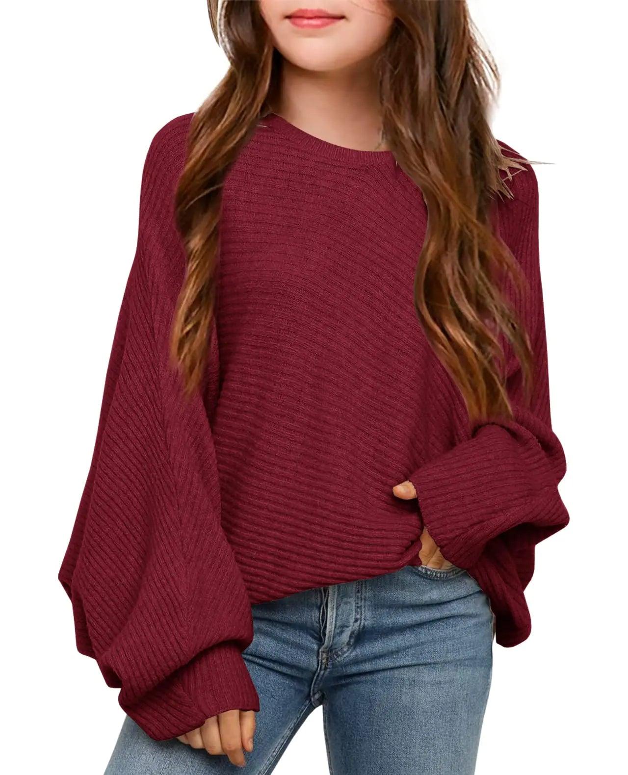 Mafulus Girl's Oversized Crewneck Fall Sweaters Kids Batwing Long Sleeve Slouchy Chunky Cute Pullover Jumper Shirts 5-14T 9-10 Years Burgundy - Evallys.com # #