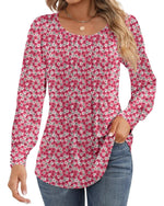 Ficerd Women's Puff Long Sleeve Tunic Tops Pleated Crew Neck Blouses Dressy Casual Loose Fit Fall and Winter Shirts Pink Floral Large - Evallys.com