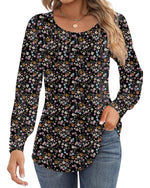 Ficerd Women's Puff Long Sleeve Tunic Tops Pleated Crew Neck Blouses Dressy Casual Loose Fit Fall and Winter Shirts Pink Floral Large - Evallys.com