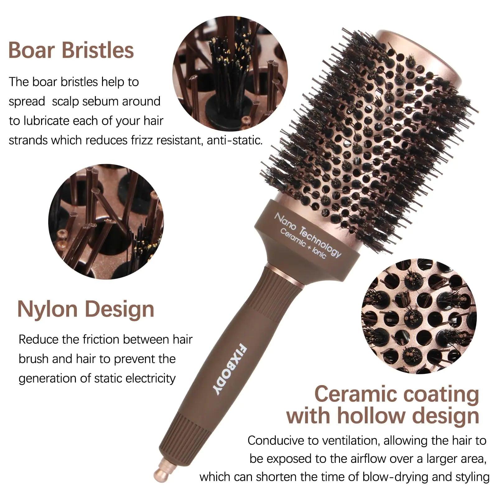 FIXBODY Hair Brush, Round Brush for Blow Drying, Curling, Styling, Nano Thermal Ceramic & Ionic Tech, Boar Bristle, 3.3 inch, 2 inch Barrel, for Women, Volume & Shine, Brown, Hair Brush for Thick Hair 3.3 Inch (Pack of 1) - Evallys.com # #