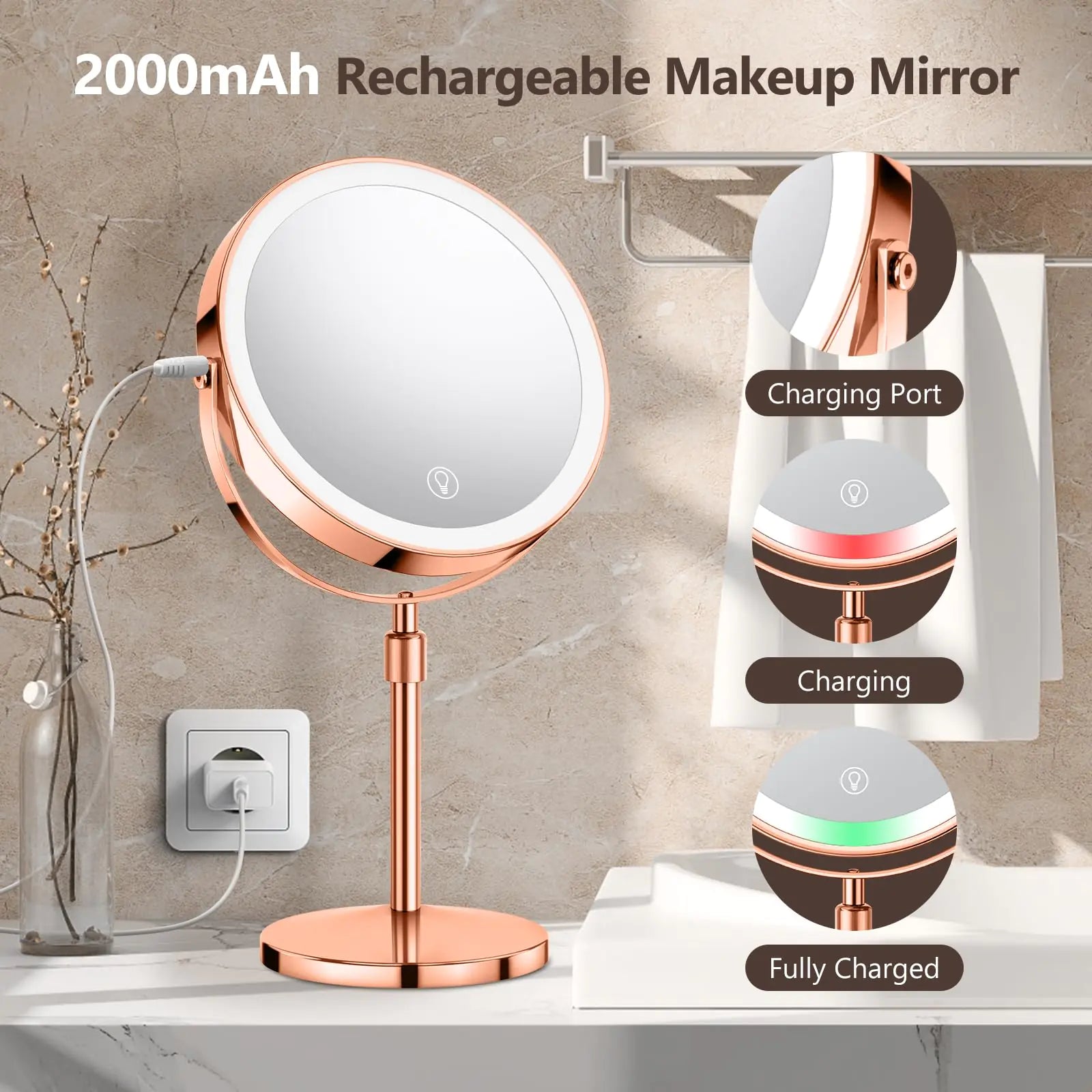 10X Large Lighted Makeup Mirror, Rechargeable 8" Height Adjustable Vanity Mirror, 1x/10x Magnifying Mirror with 3 Color, Brightness Adjustable, 360° Rotation Double Sided Mirror, Ideal Gift(Rose Gold) Rose Gold - Evallys.com # #