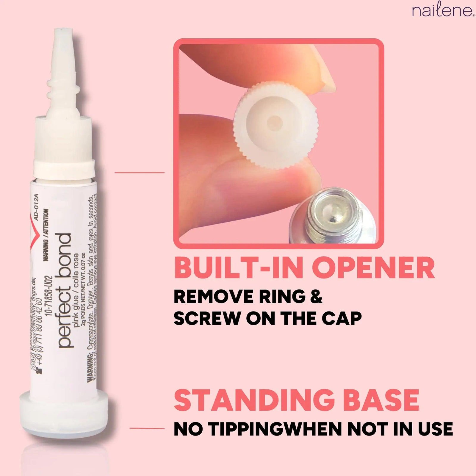 Nailene Perfect Bond Nail Glue - Durable, Easy to Apply False Nail Glue – Repairs Natural Nails – Quick-Drying Nail Adhesive Lasts Up to 7 Days - Pink Tint - 2 g/0.07 oz - 2 Pack - Evallys.com # #