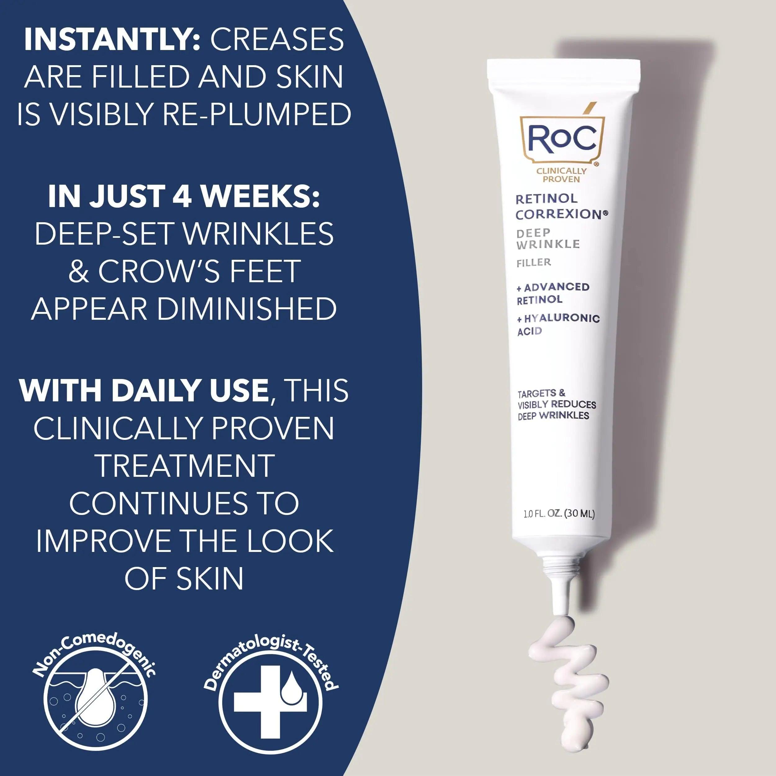 RoC Retinol Correxion Deep Wrinkle Facial Filler with Hyaluronic Acid & Retinol, Skin Care for Women and Men, 1 Fl Oz (Packaging May Vary) Wrinkle Filler - Evallys.com # #