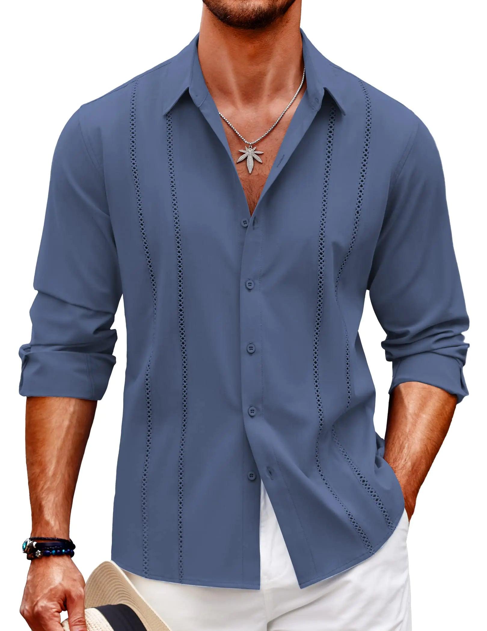 COOFANDY Mens Cuban Guayabera Shirt Casual Button Down Shirts Long Sleeve Summer Beach Shirts 4X-Large Dark Blue - Evallys.com # #