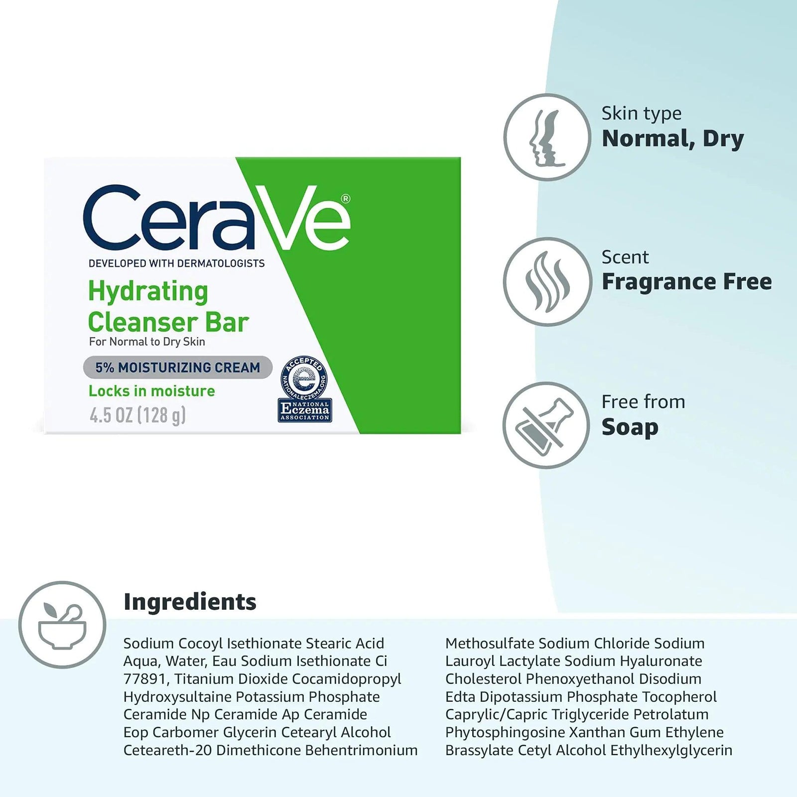 CeraVe Hydrating Cleanser Bar - Soap-Free Body and Facial Cleanser with 5% Moisturizing Cream - 4.5 Ounce Bar 4.5 Ounce (Pack of 1) - Evallys.com # #