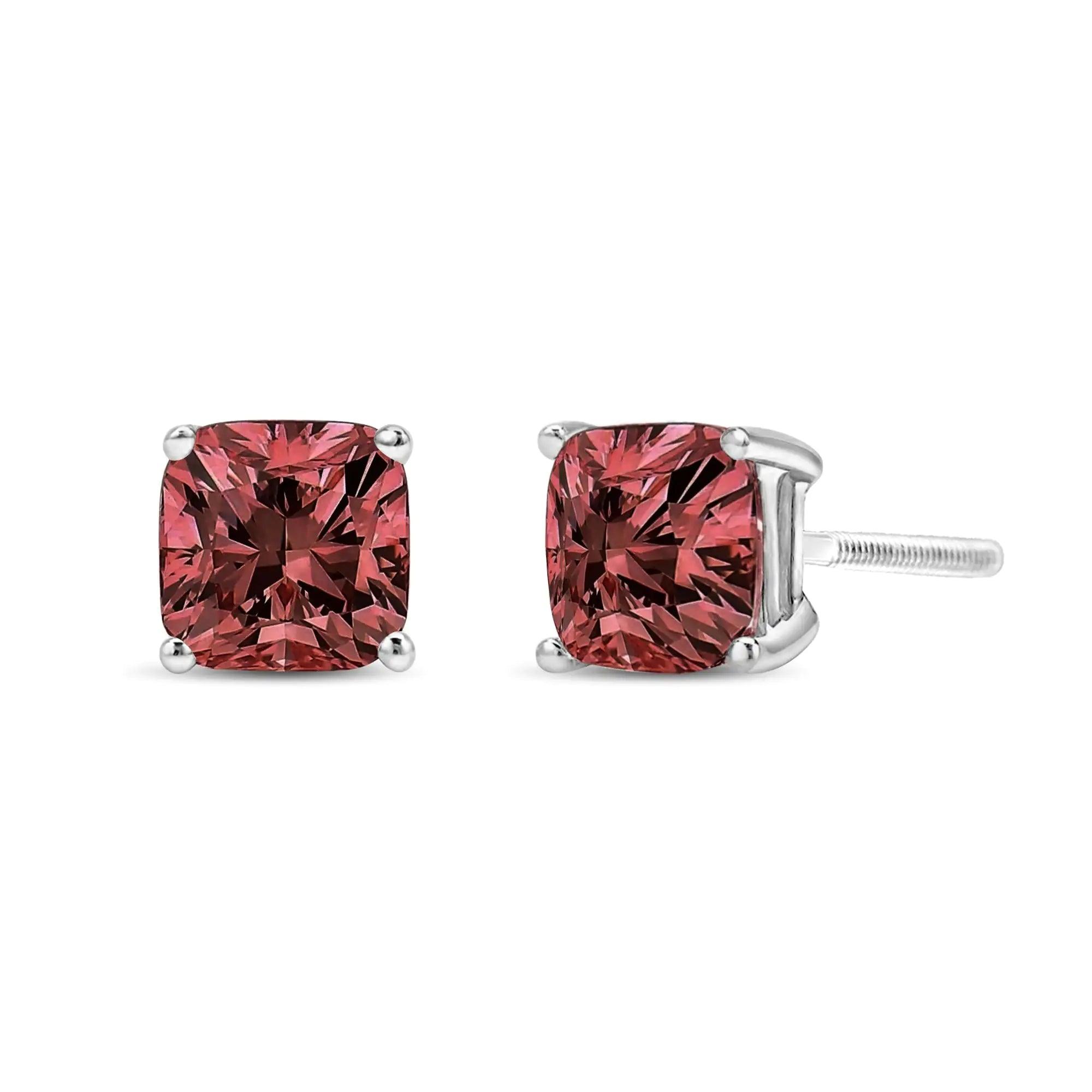 14K White Gold Lab Grown Pink Cushion 4-Prong Set Classic Diamond Solitaire Stud Earrings (Pink Color, VS1-VS2 Clarity) - Evallys.com # #