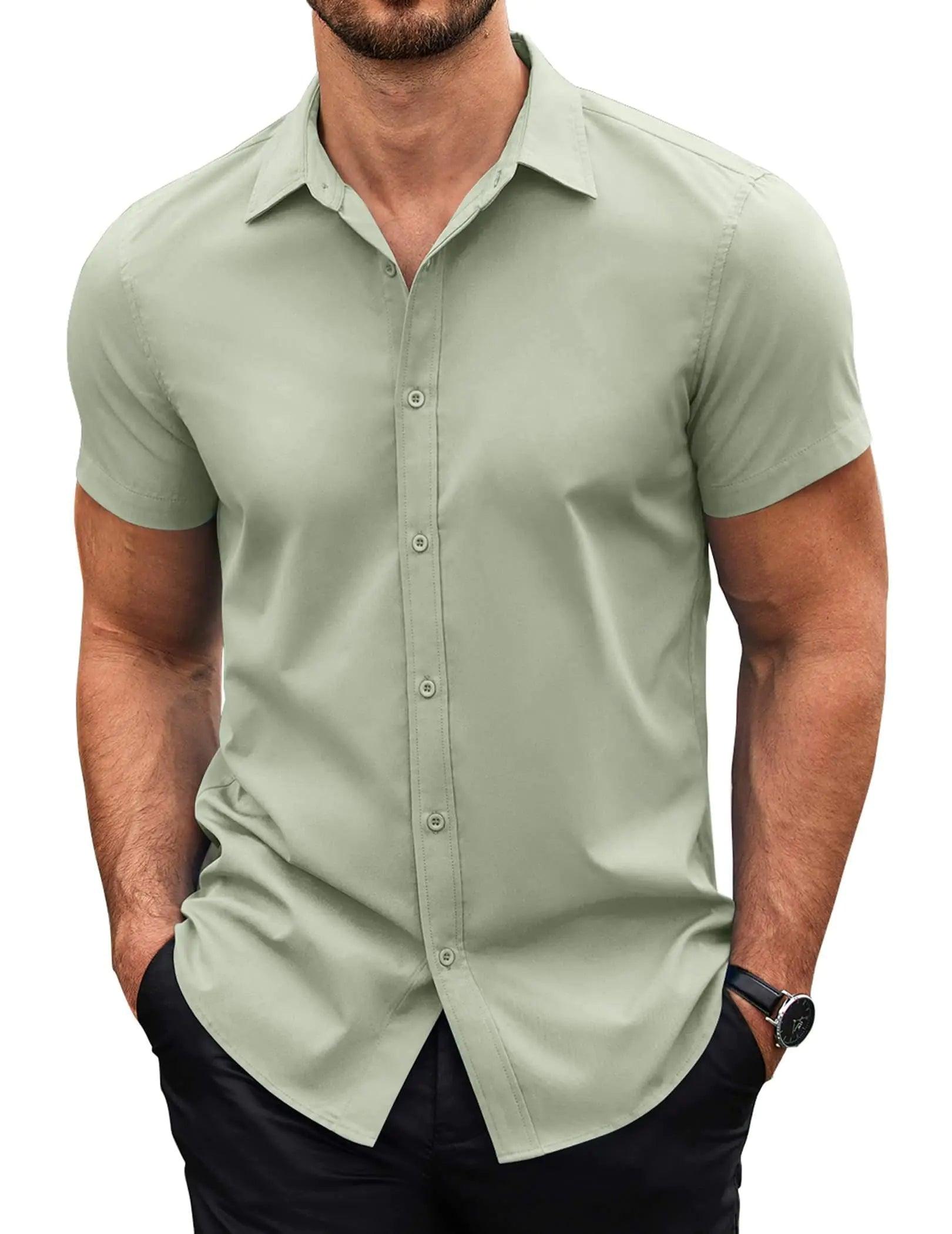 COOFANDY Men's Button Down Shirt Short Sleeve Casual Shirt for Men Summer Business Casual Dress Shirt XX-Large Light Green - Evallys.com # #