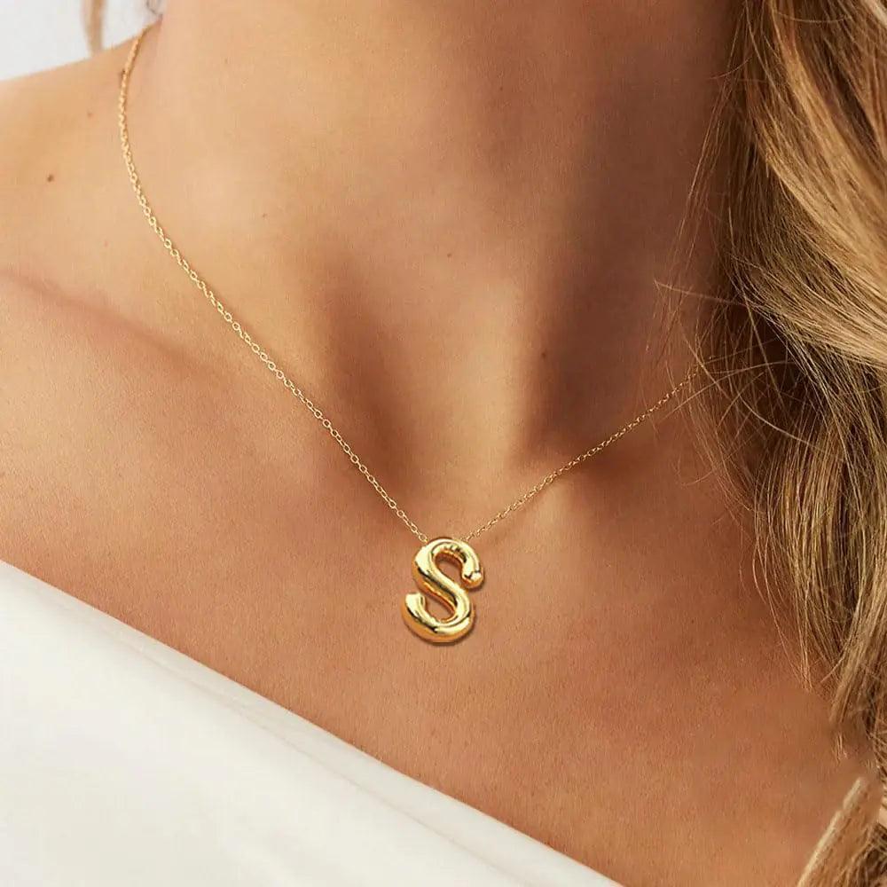 14K Gold Plated Initial Necklaces | Chunky Bubble Letter Pendant Necklace for Women Trendy | Gifts for Women Teens Friends T-Gold - Evallys.com # #