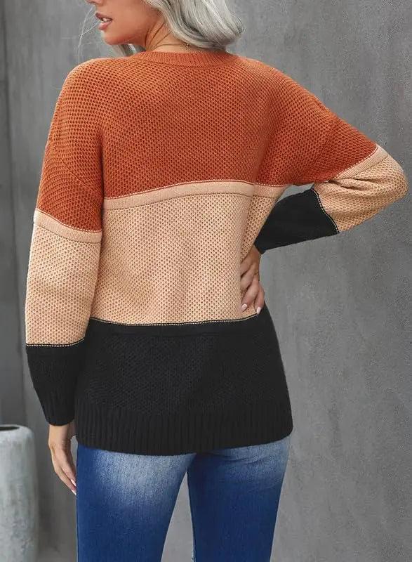 Dokotoo Womens Color Block Sweaters Long Sleeve Crewneck Pullover Knit Jumper Tops X-Large D Orange - Evallys.com # #