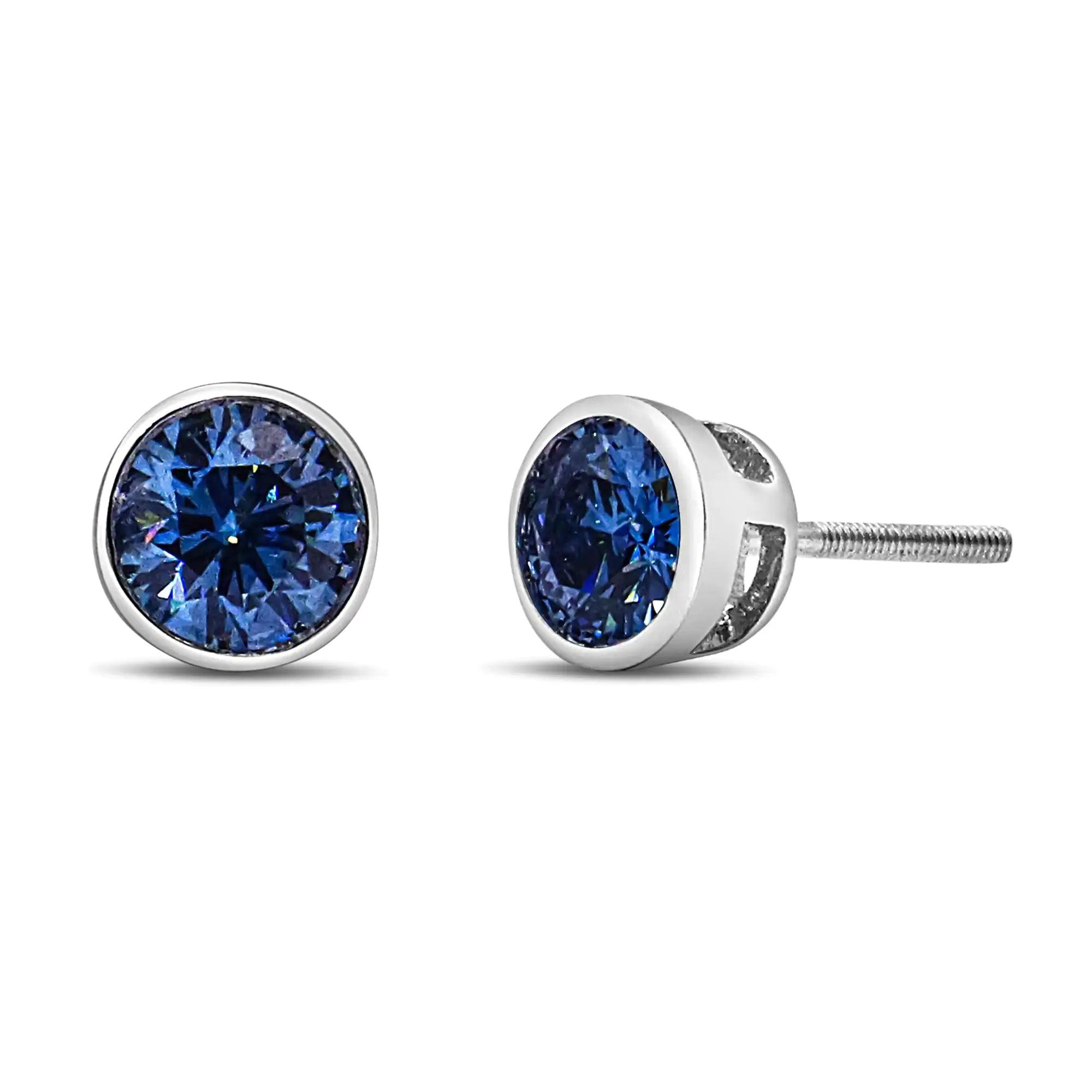 14K White Gold 1.0 Cttw Blue Lab Grown Diamond Screw-Back Classic Bezel Solitaire Stud Earrings (Blue Color, VS2-SI1 Clarity) - Evallys.com # #