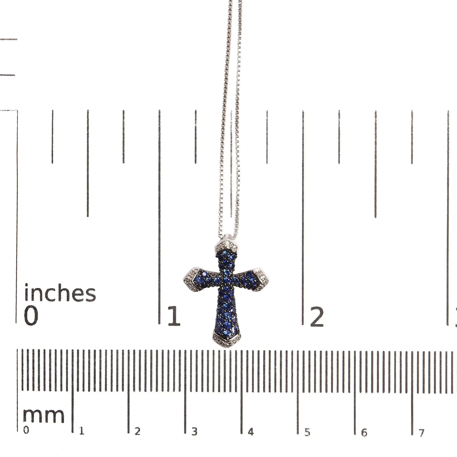 .925 Sterling Silver 3/4 Cttw Created Blue Sapphire and White Diamond Accent Cross Pendant Necklace - 18