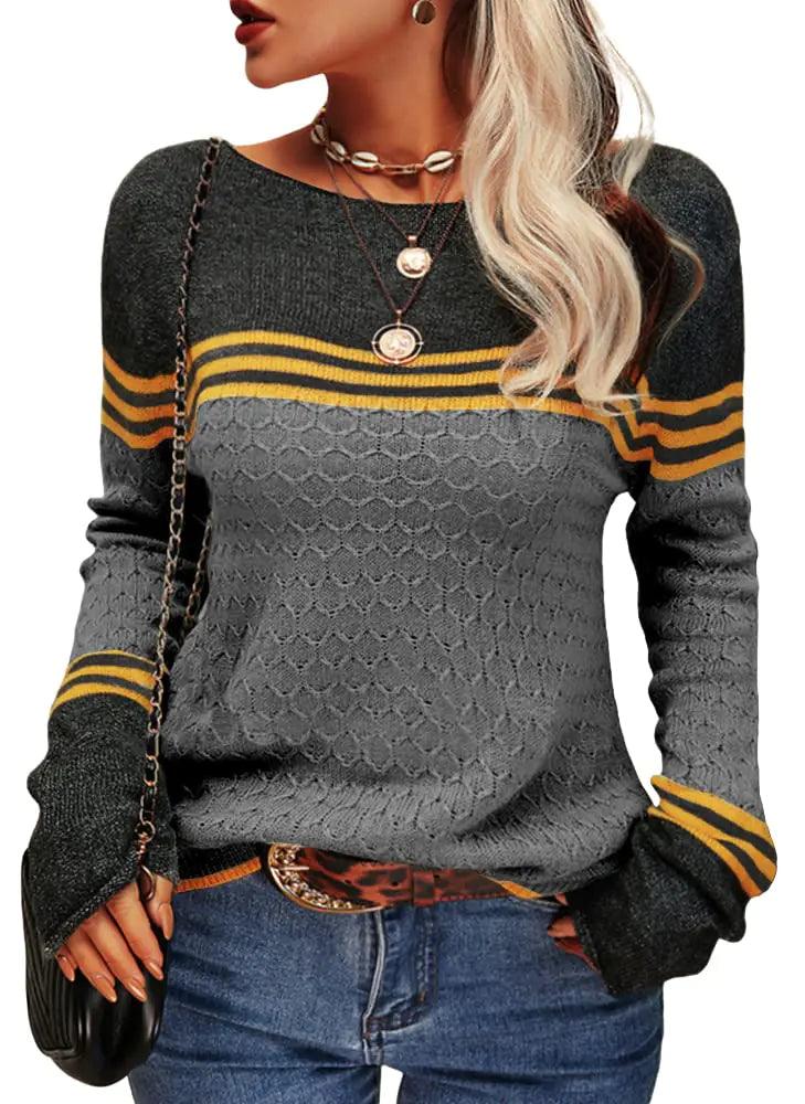 Danedvi Women Autumn Winter Colorblock Pullover Sweaters Round Neck Striped Slim Fitting Knitwear Tops Black Large - Evallys.com # #