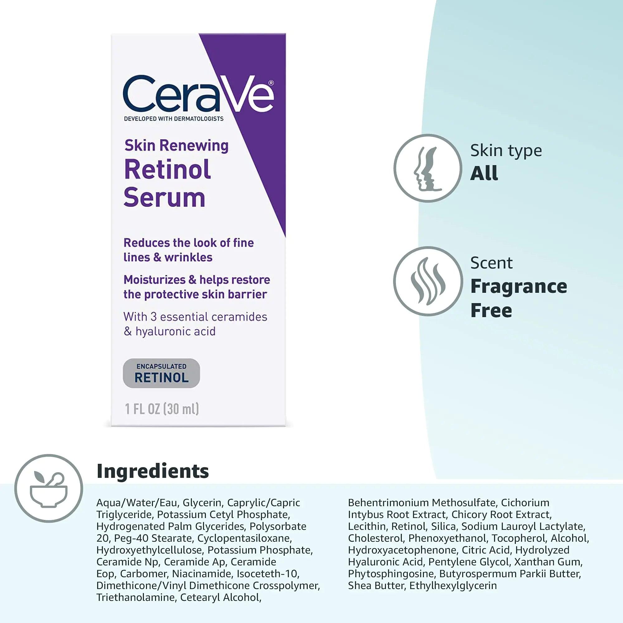 CeraVe Anti Aging Retinol Serum | Cream Serum for Smoothing Fine Lines and Skin Brightening | With Retinol, Hyaluronic Acid, Niacinamide, and Ceramides | 1 Ounce - Evallys.com # #